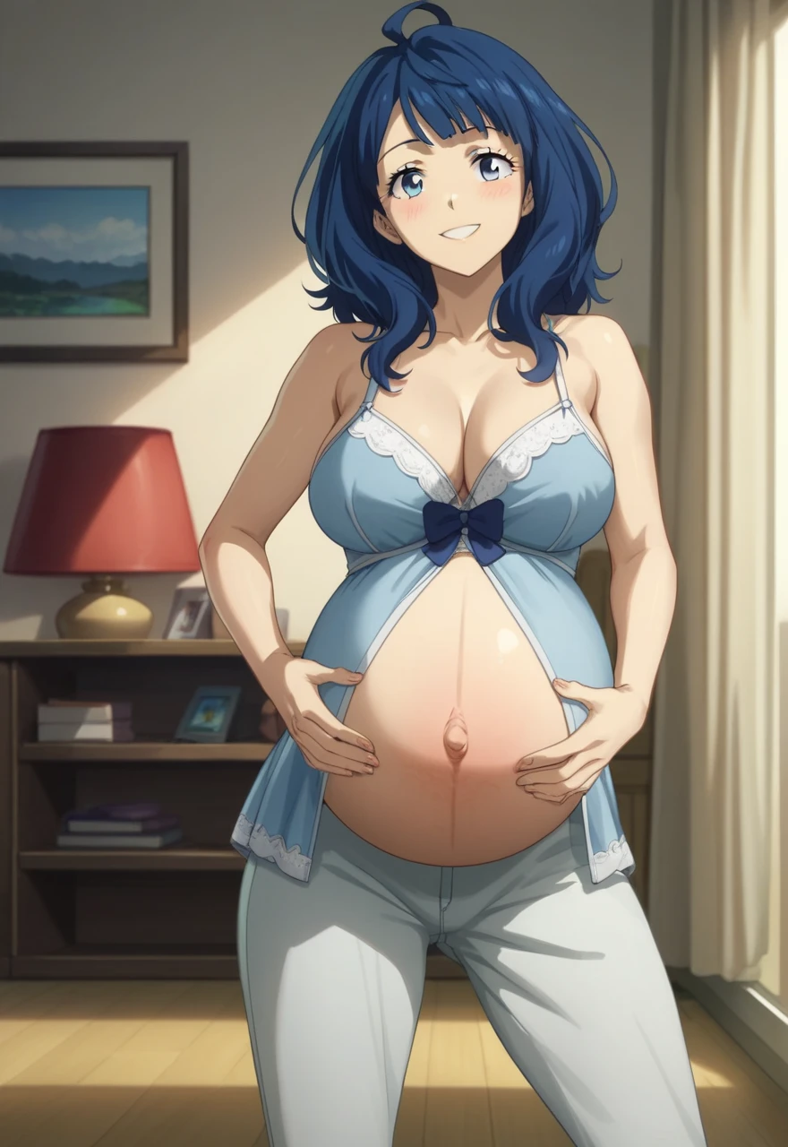 score_9, score_8_up, source_anime Bibl3, milf, housewife, green hair, short hair, huge breasts, wide hips, viewed from front, standing in living room, vacant smile, staring at viewer, pregnant, open mouth, looking at viewer, empty eyes, multicolor tank top, exposed pregnant belly, denim shorts, full lips, vivid lips, detailed eyes, detailed face, pretty woman, morning