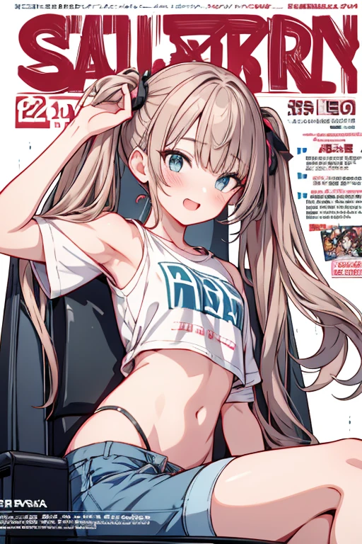 (masterpiece), (best quality), detailed, a otaku girl, soro, twintails, long wavy hair twintails.hairs between eyes,dark green eyes ,dark green hair, smile, masterpiece, best quality, newest, (from below:1.2),( :1.2), (pointed :1.2),(from below:1.2,Best Quality),a girl , platinum color hair、bartender uniform,Purplish blue eyes that dreamers desire, ((Otaku girl)),gloomy, messy hair, hair over eyes, long hair, blushing face,armpits hair, (harf sleeve t-shirt),shorts, sitting on gaming chair, dirty room,playing PC-game:1.2,small , skinny,open mouth, (otaku game magazine cover:1.3),(with sparkling eyes and a contagious smile),her thin pubic hair:1.2, looking at viewer