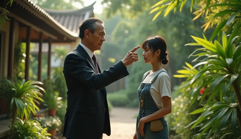 A powerful and emotional scene in a lush Vietnamese garden. A wealthy Vietnamese millionaire (50 years old, wearing an elegant suit) is angrily pointing his finger at his son, commanding him to marry a modest yet beautiful Asian woman who works as a gardener. The son, a handsome young man in his 20s wearing casual clothes, looks conflicted and hesitant, while the gardener woman, dressed in simple gardening attire, stands nearby, looking humble but dignified. The setting features traditional Vietnamese elements like bamboo, tropical plants, and a countryside villa in the background. The characters are Asian (Vietnamese or East Asian), with sharp, highly detailed, and realistic features. The image is rendered in stunning 16K resolution, capturing the intense emotions and cultural atmosphere.