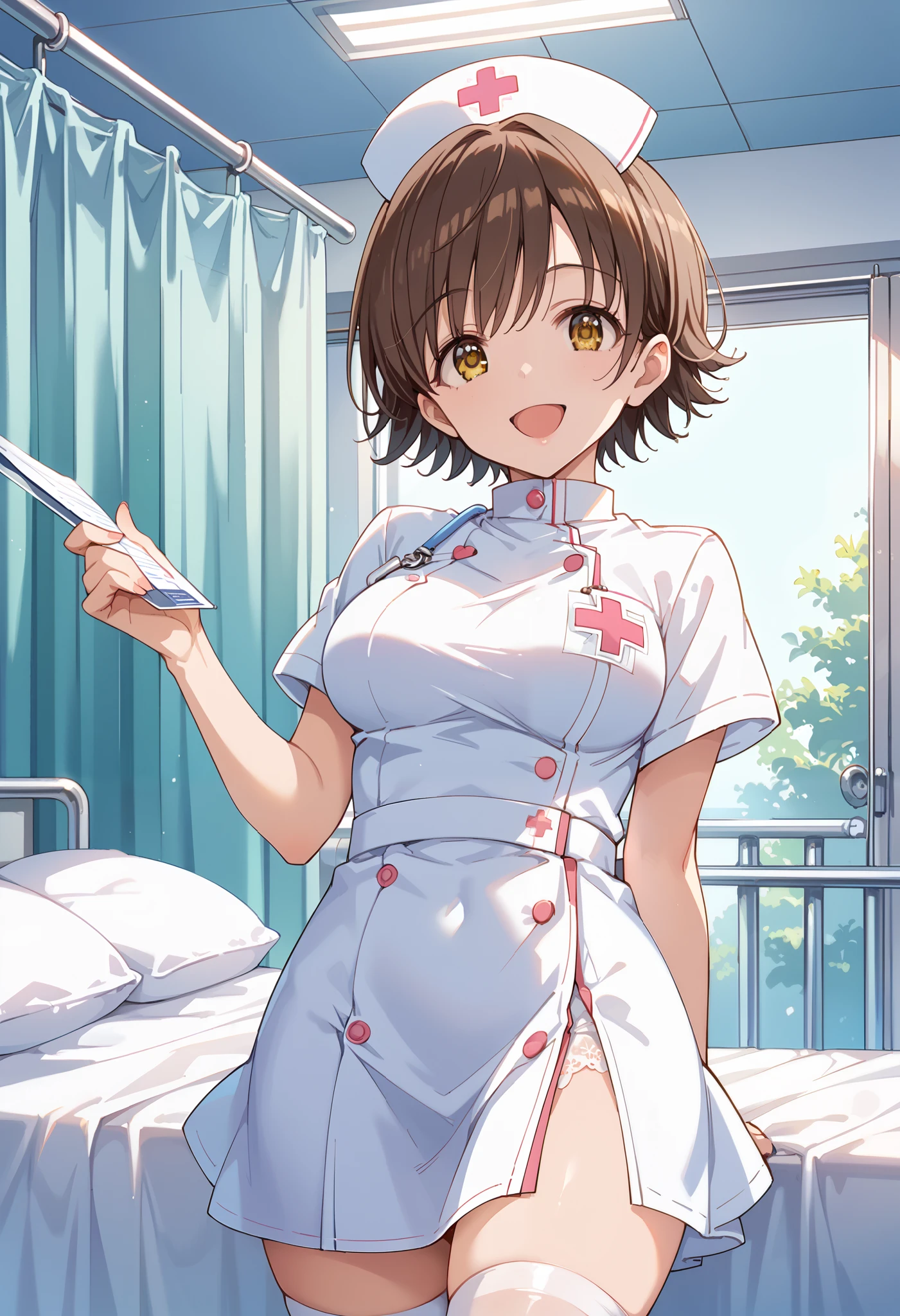 score_9, score_8_up, score_7_up, source_anime, hndmo, short hair, brown hair, yellow eyes, medium breasts, masterpiece best quality, (best quality), (high quality), {masterpiece}, extremely delicate and beautiful, ultra-detailed, beautiful detailed eyes, nurse, nurse hat, ((white nurse's outfit)), white legwear, zettai ryouiki, hospital room, smile, open mouth, standing