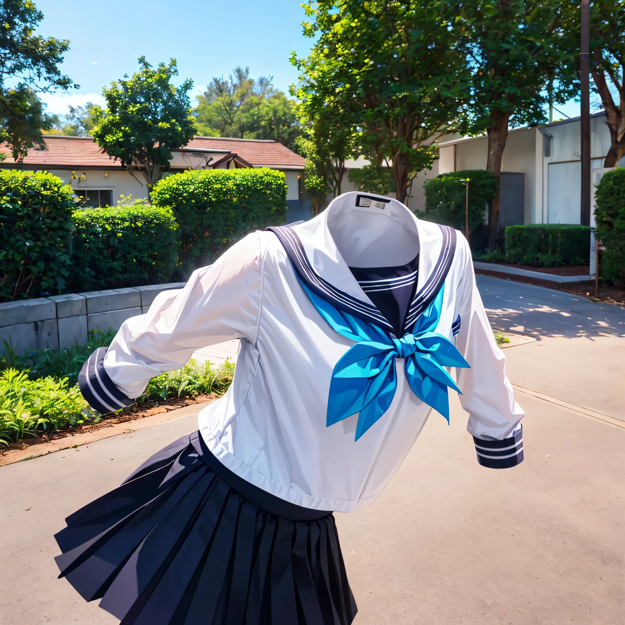 (8k, RAW photo, best quality, masterpiece:1.2), (realistic, photo-realistic:1.37), photon mapping, radiosity, ((Hasselblad photography)), physically-based rendering, detailed cloth texture, extremely detailed background, (invisible, no humans, headless, faceless:1.2), in garden, 1girl, a sailor suit made of textured fabric with fine stitching, soft lighting to enhance the texture of the fabric, shirt, long sleeves, bow, school uniform, white shirt, serafuku, sailor collar, neckerchief, blue bow, black sailor collar, blue neckerchief, Sailor Uniform
