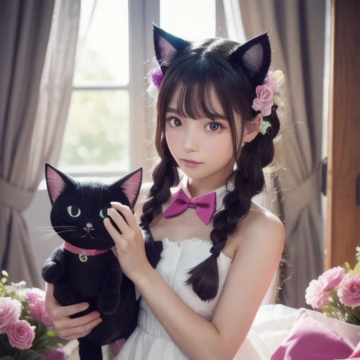 high quality, detailed, a black cat baby and a magical girl,the magical girl is 15 years old, in wander land,