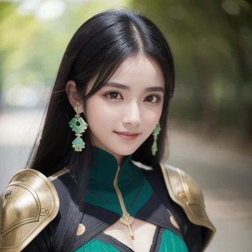 Anime girl, wearing armor, black hair,wearing green dragon mask, portrait, 8k uhd, high quality