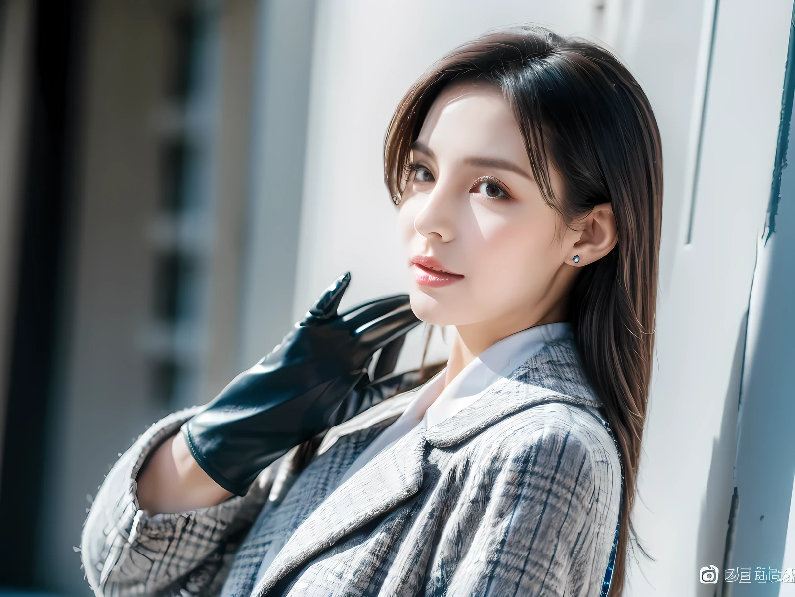 (((Best quality, 8k, Masterpiece: 1.3)), ((best quality)), Sharp focus A beautiful woman with perfect body, Highly detailed face and skin texture, (Detailed eyes), White scarf, navy blue wool long coat, Long wavy black hair, The hair on the right side is long enough to cover the right eye, The left side of the hair is tucked behind the left ear, She is wearing black leather gloves and has her left hand in her coat pocket, Glen check pattern light blue One-piece dress