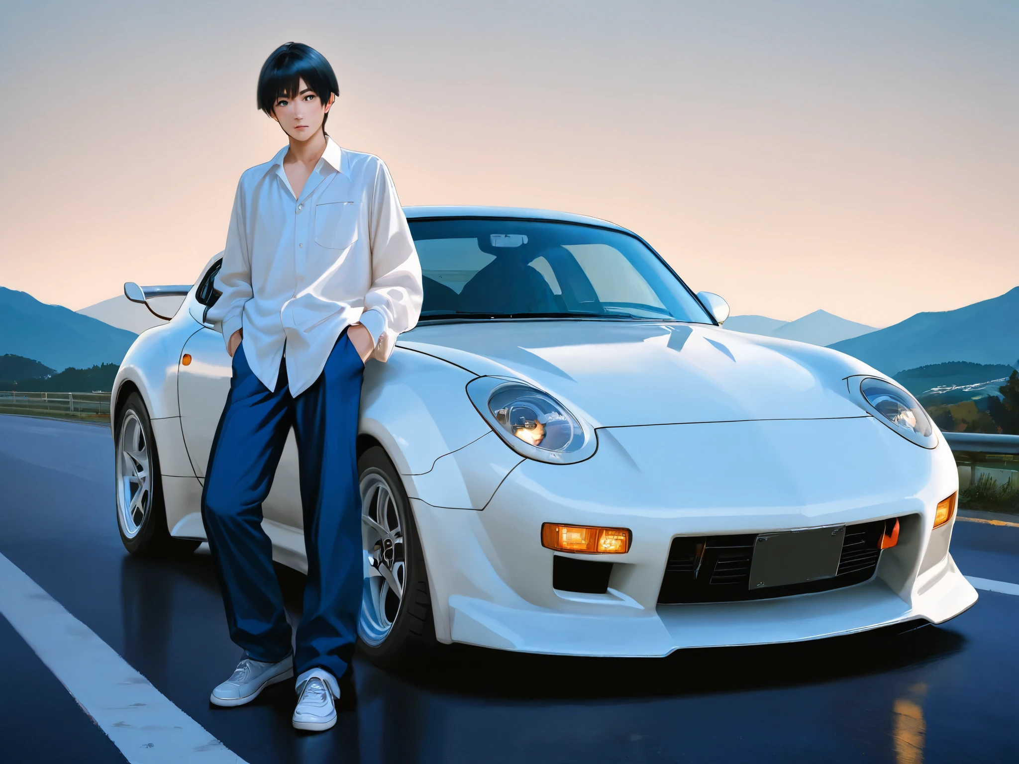 , black hair, (white long sleeve untucked shirt), perfect face, blue long trouser, realistic, full body, posing in front of nissan 240z, on asphalt mountain roads
