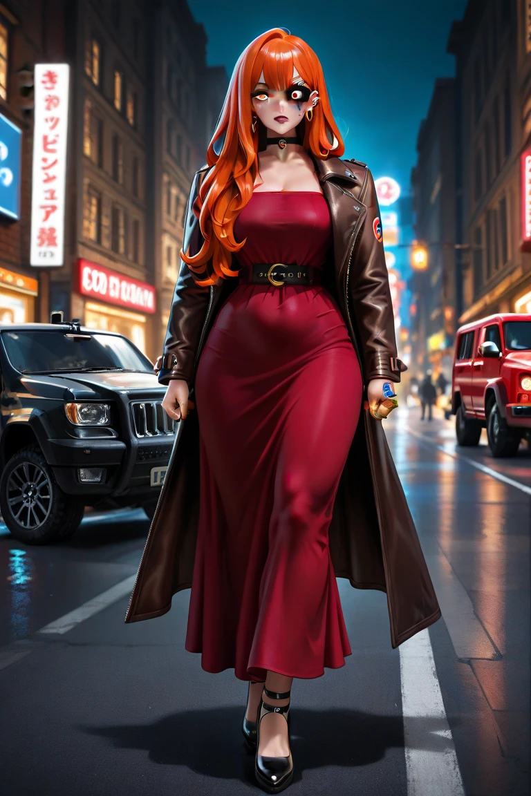 (masterpiece: 1.5) (photorealistic: 1.1) (8k) (HdR) (cinematic lighting),Naughty woman, 28 years old, woman in love, big chest, Studio lighting with bright and vibrant colors, romantic expression, very detailed skin, detailed and expressive eyes, turquoise eyes, long hair flying in the wind, Red hair, medium build body, Red lips, soft makeup, ((Whole body, standing,high heel)), (She), walking distractedly at night, on some street in Tokyo,