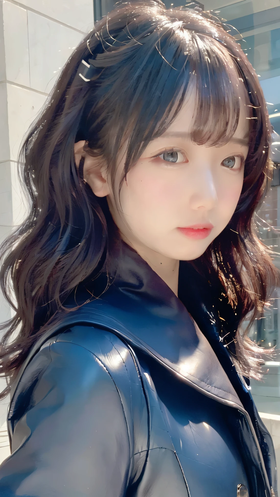 (((Best quality, 8k, Masterpiece: 1.3)), ((best quality)), Sharp focus A beautiful woman with perfect body, Highly detailed face and skin texture, (Detailed eyes), White scarf, navy blue wool long coat, Long wavy black hair, The hair on the right side is long enough to cover the right eye, The left side of the hair is tucked behind the left ear, She is wearing black leather gloves and has her left hand in her coat pocket, Glen check pattern light blue One-piece dress