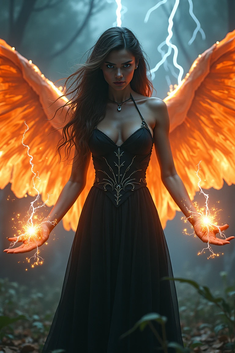 Dreamscape (((dark mood, furious, full body shot, view from front))), beautiful angle, black dress, blond hair, spread arms, ((burning wings)), fire element, dark background, (masterpiece), ((ultra-detailed)), (best quality:1.2), High quality texture, intricate details, detailed texture, High quality shadow, brown eye pupil, depth of field, perspective, (big eyes:1.2), perfect body, lean body, small breast, (narrow waist:1.3), skinny, distinct_image, (lustrous skin), <lora:xl-shanbailing-1003fire:1>, <lora:people_005_cosine_iter2_ 0000005_sdxl_10epoches_adafactor:1> . Surreal, ethereal, dreamy, mysterious, fantasy, highly detailed