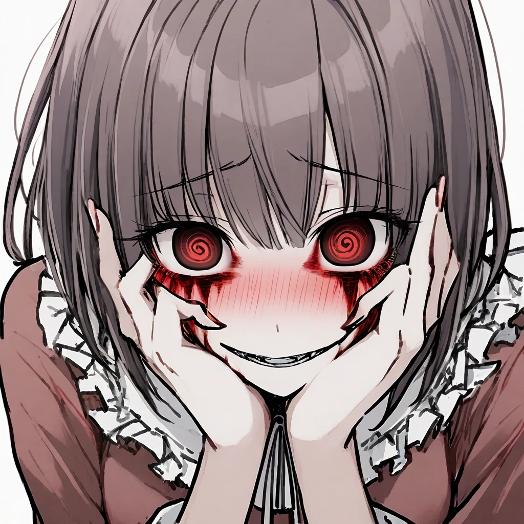 masterpiece, best quality, very aesthetic, absurdres,1girl, (upper body,face close-up:1.25), Dark Environment,grin, open_mouth, yandere, yandere_trance, shadow_on_eyes, shaded_face,hands_on_own_cheeks, hands_on_own_face,blood,looking_at_viewer, bare_shoulders,bare_arms,megumin, kono_subarashii_sekai_ni_shukufuku_wo!,1girl, brown_hair,witch_hat,black_choker,