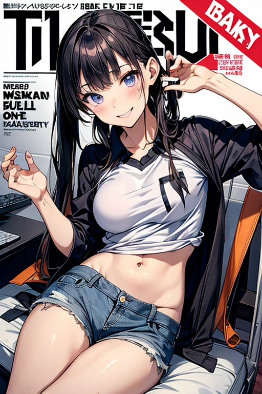 sakurajima mai,bunnygirl,Reveal a fleshy belly,Fleshy thighs，see-through school uniform，White shirt，red necktie，Ocean park，Comic cover style，Comic cover title,8K
