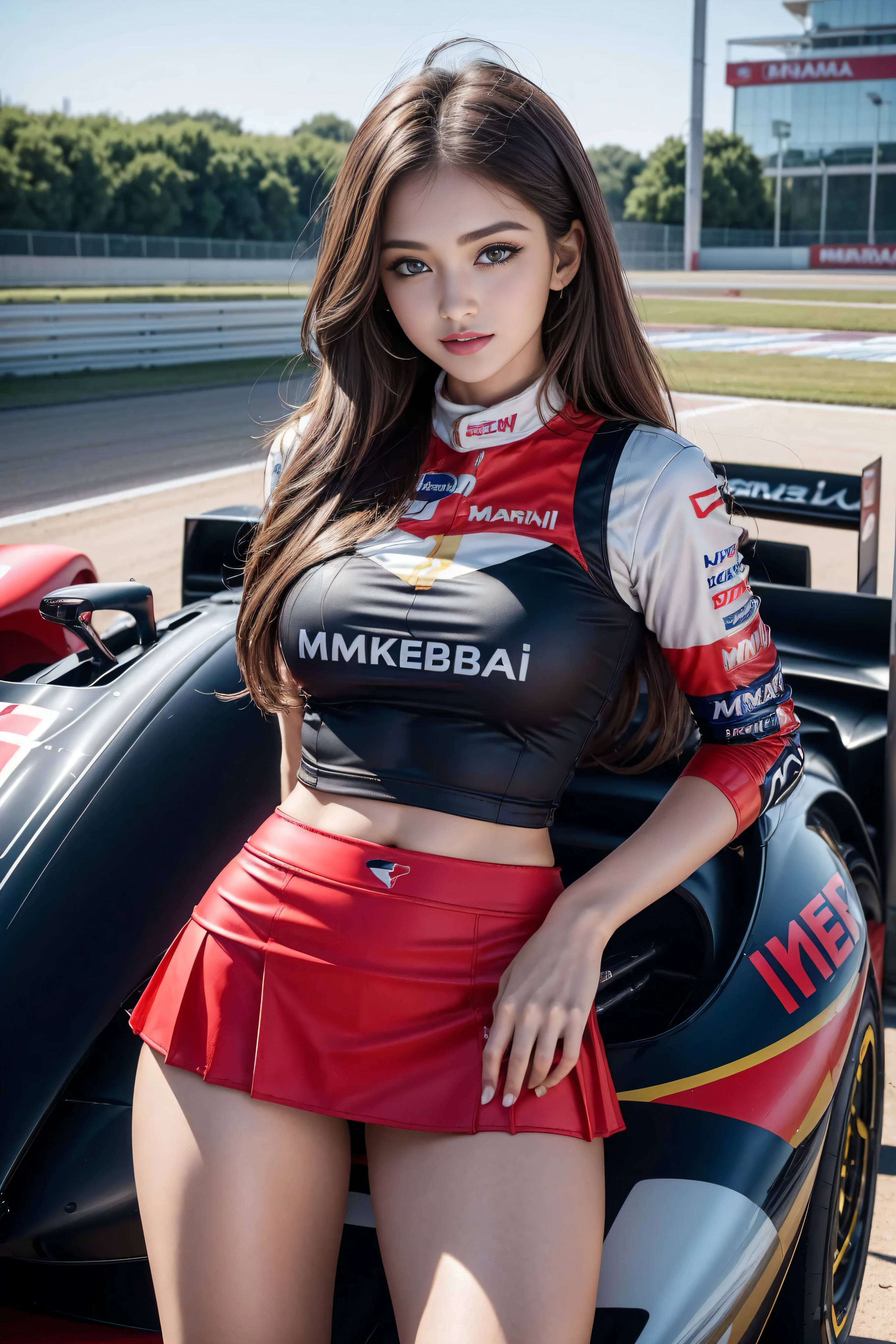 (masterpiece), ( MotoGP Racing Girls), (Eyeliner:0.5),(blush:0.5), Black Hair, A faint smile, Refers to a beautiful and delicate girl, Extremely detailed eyes and face, Beautiful and delicate eyes, , ((MOTOGP events)), (MotoGP track background), (best quality, high resolution, Reality, original, 8K,masterpiece, ),(((Dynamic poses))),(((Mid-abdomen peek))),(((Show under chest ))),(((Red Mini Skirt Lift))),(((Bare inner thighs))),(((Formula One car on display))), (Bright colors:1.2), (Beautifully),