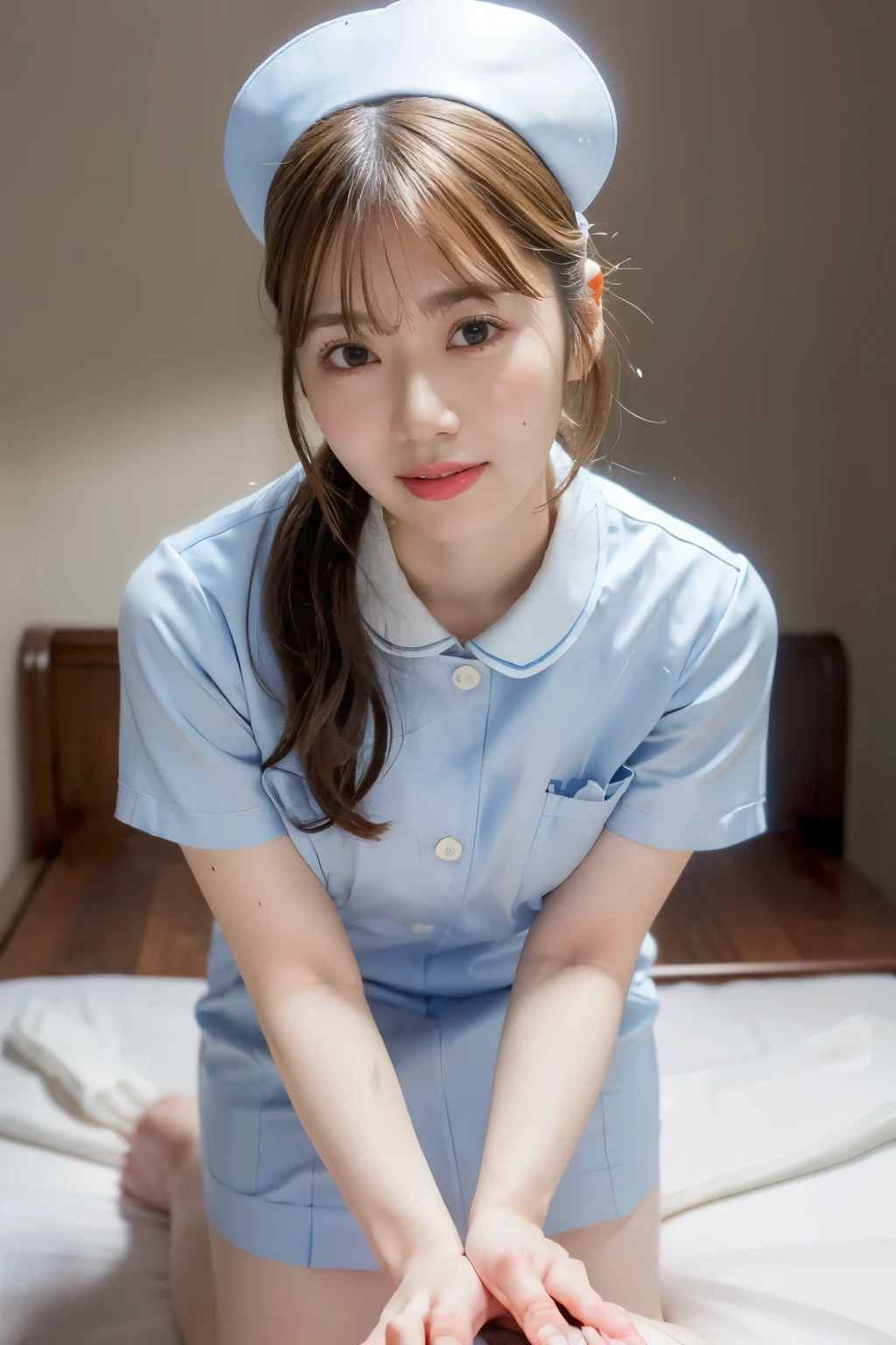 1 girl,(Wearing blue nurse clothes:1.2),( RAW photo, best quality ), ( realistic, photo- realistic:1.4), Masterpiece, so delicate and beautiful, very detailed, 2k wallpaper, wonderful, finely, very detailed CG unity 8k wallpaper, very detailedな, high resolution, Soft light, Beautiful Girl with Great Attention to Details , very detailed eyes and face, beautifully detailed nose, finely beautiful eyes, Nurse, Complete anatomy, black hair, Upstyle , Nurse uniform, (( Nurse cap)), Long Skirt, Nurse, Navy blue outfit, thin, hospital, clear , Navy blue uniform, hospital room, Neck auscultation,smile,((((( large amount of semen))))),((Crouch down and look up at the viewer from below )),( composition from above),((((Handjob)))),