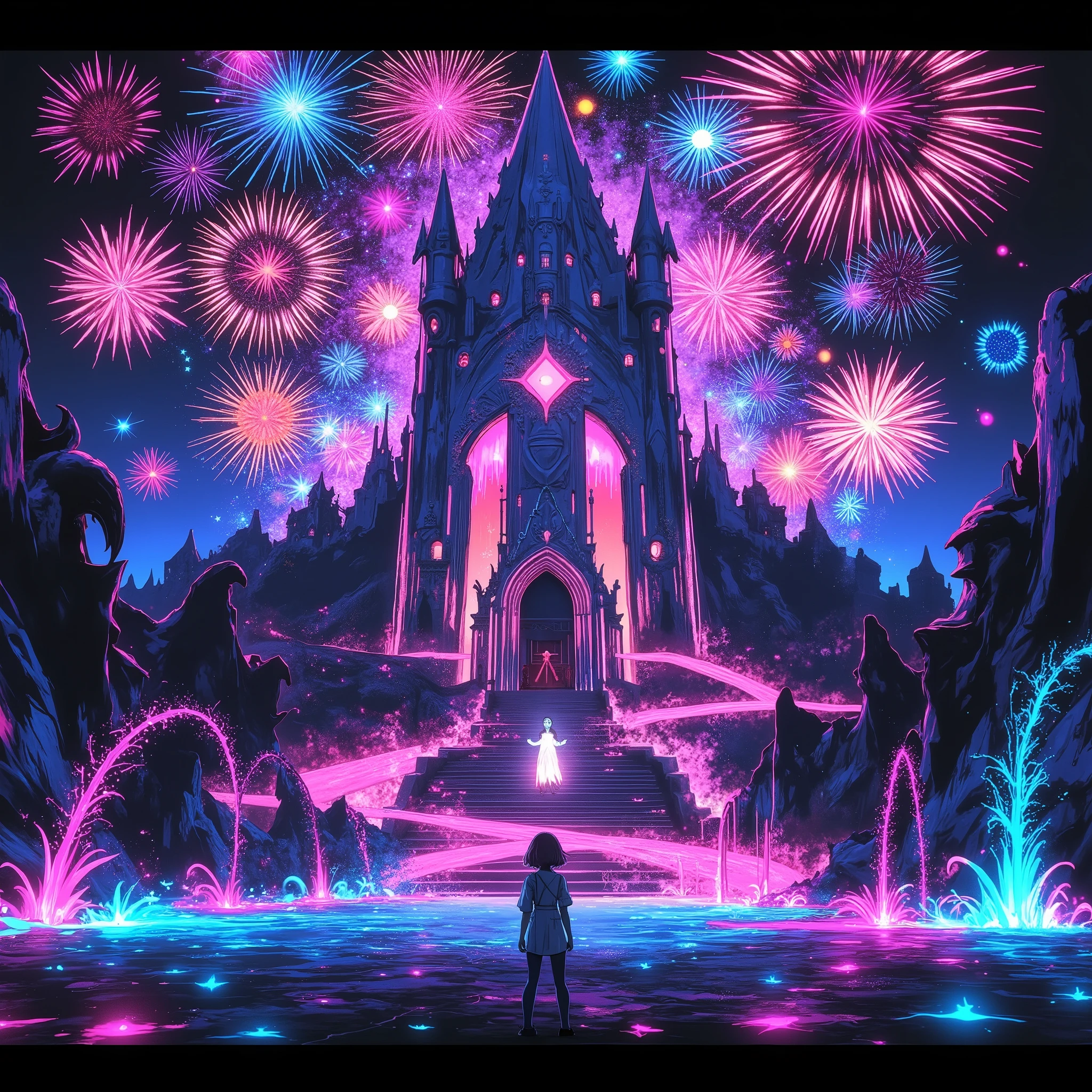 A Dreamy World Made of Neon、Dreamland: The Magical Castle、( fireworks exploding high in the sky 1.4)、uninhabited space 、Fountain Square, In a Fantastic Atmosphere 、Mr.々 Magical Buildings 、Distorted Tower 、 Sparkling and Dazzling 、 The World Where Time Stops 、 midnight、 movie-like lighting 、 Movie-like Composition 、 bright color、8k、 photorealistic、 more details、masterpiece