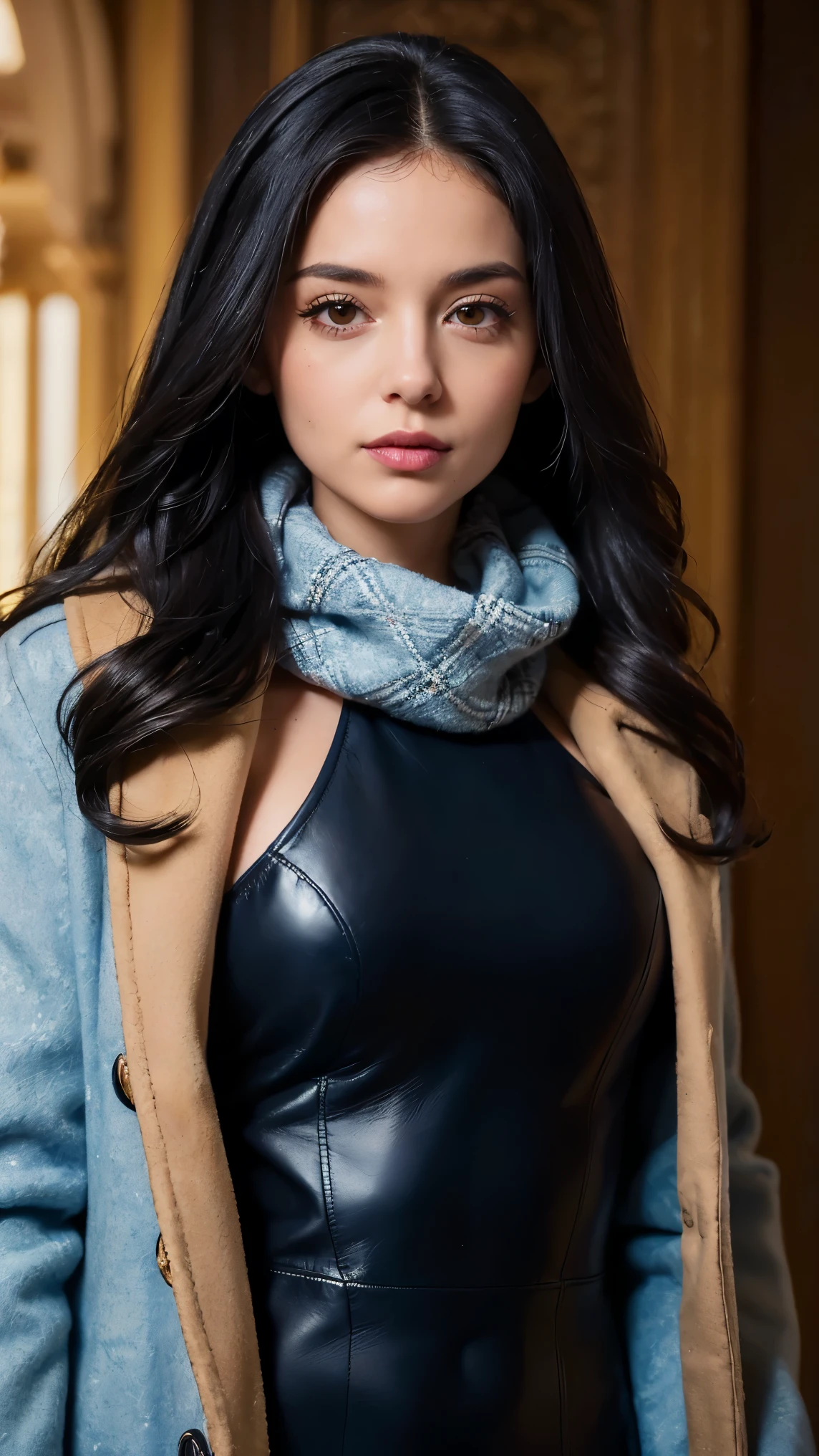 (((Best quality, 8k, Masterpiece: 1.3)), ((best quality)), Sharp focus A beautiful woman with perfect body, Highly detailed face and skin texture, (Detailed eyes), White scarf, navy blue wool long coat, Long wavy black hair, The hair on the right side is long enough to cover the right eye, The left side of the hair is tucked behind the left ear, She is wearing black leather gloves and has her left hand in her coat pocket, Glen check pattern light blue One-piece dress