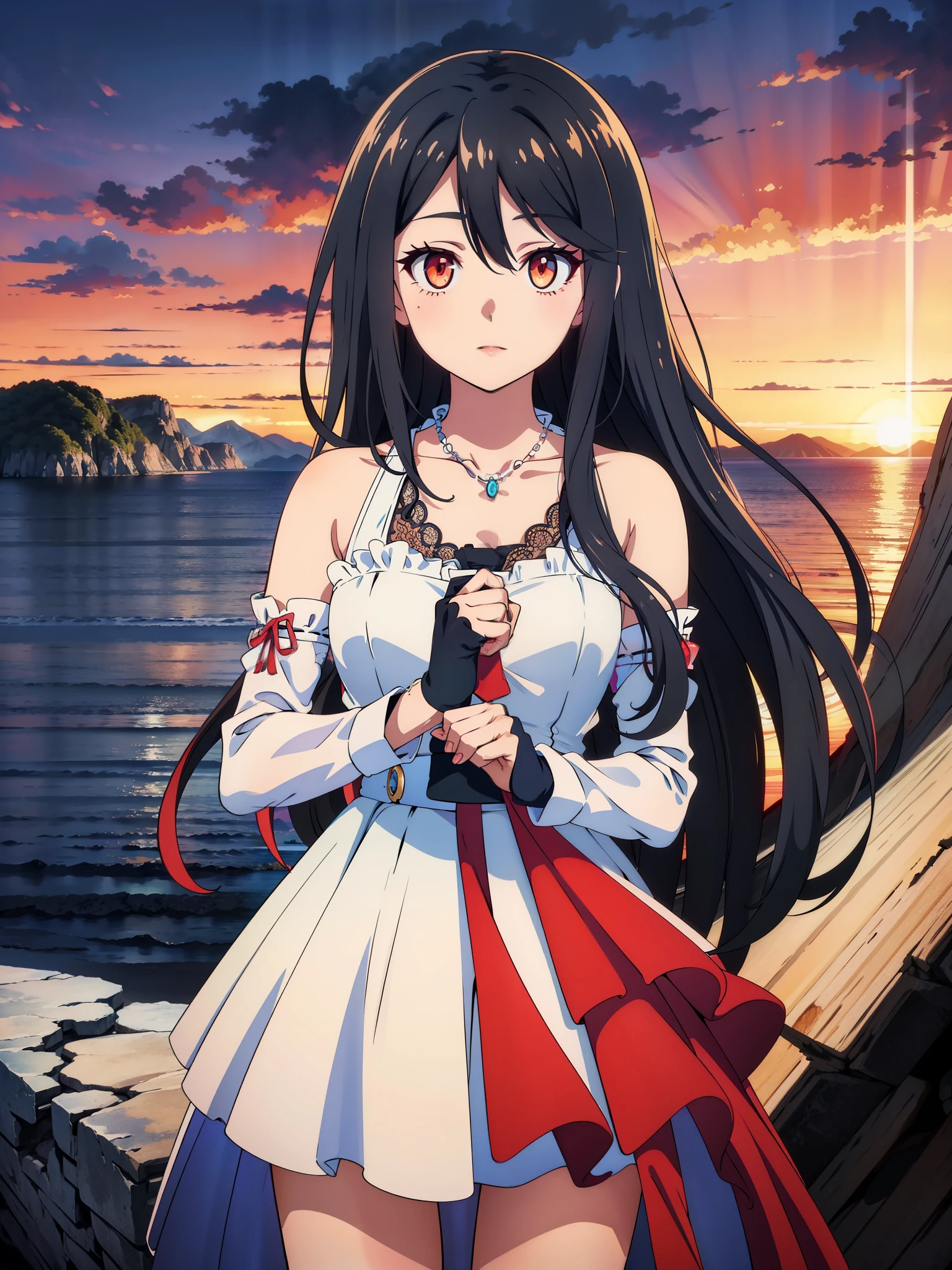 (high-quality, breathtaking),(expressive eyes, perfect face) 1girl, female, solo, ager, black color hair, red highlight in hair, red eye color, short hair length, fluffy spiky hair, Symmetrical Eyes, portrait, positive expression, sunset, red sky, narrow eyes, fingerless glove, dress, necklace, stylized hairstyle, YunaSongstress, lace, detached sleeves, ocean background, embers, gradient tips of dress, slender frame, mountains, detailed