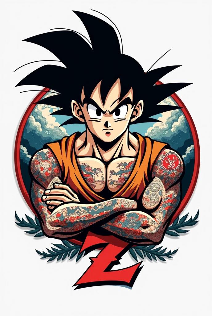 Tattoo drawing Goku rapper star. In the style of Sailor Jerry. American traditional tattoo. Sticker with outline.