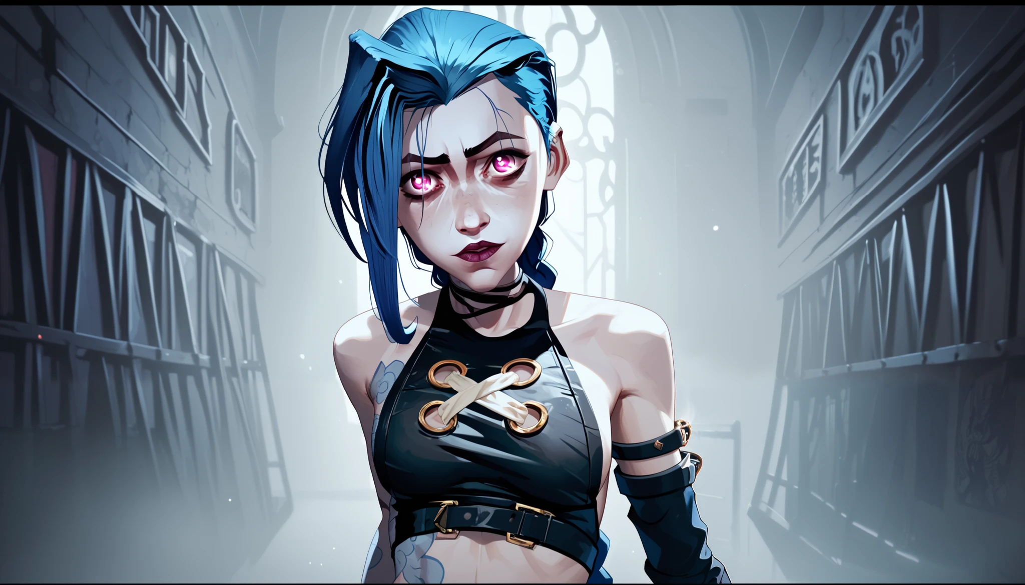 (lasso)  One girl, Jinx,  detailed face,  pretty face, blushed,  clothes  Jinx из Аркейн,  slender legs ,  beautiful waist ,  glowing eyes,  purple-pink eyes , darkness, fog,  blue hair, бра visible through clothes, breast,  cleavage  ,  clothes ,  woman ,  woman  only, improve,  long hair,  looking at the viewer, One, One  woman , dark city,  dark tones , Jinx из Аркейна лежит на краю крыше в заброшенном городе-дистопии,  epic composition ,  detailed background,  ruined room, dark composition,