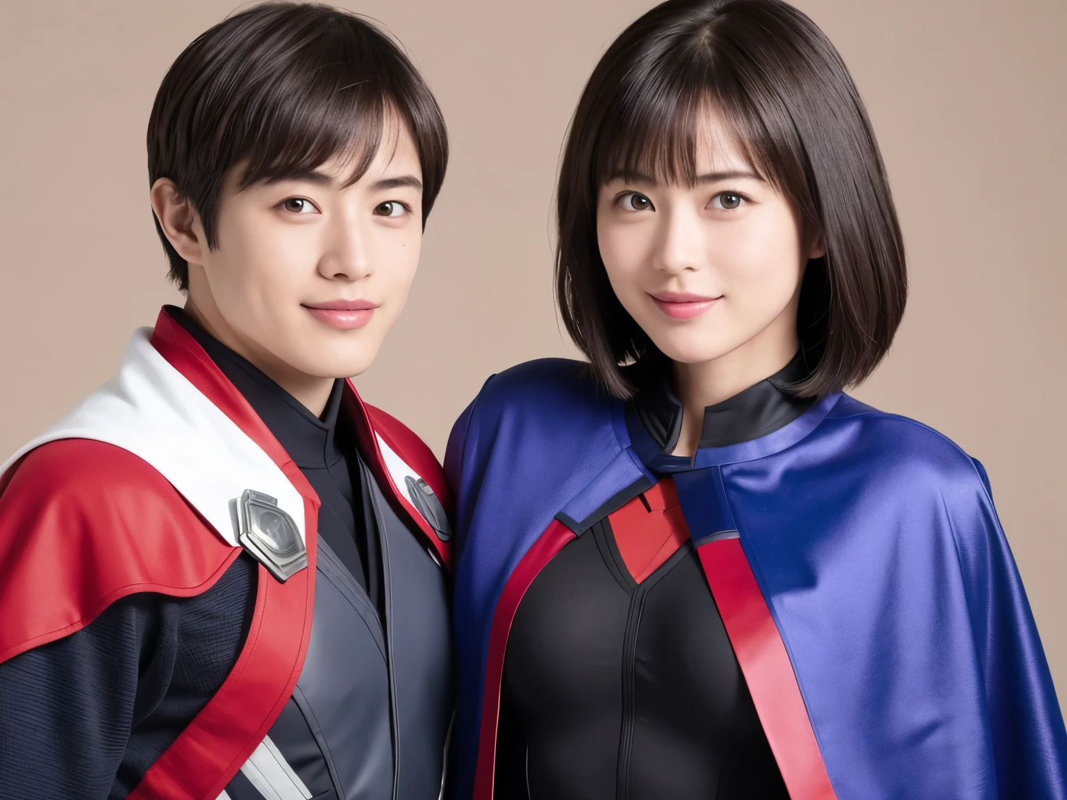 349 (20 year old woman and 20 year old man),( short hair), ( HD), (smile), (Gatchaman's combat uniform), ( abs) , (Cape)