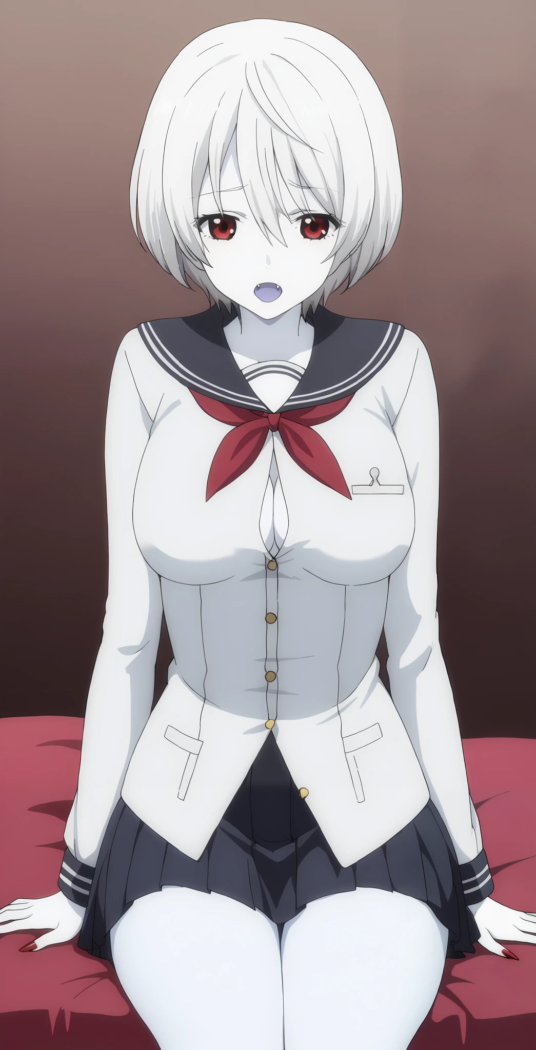 1 Girl、 red eyes、Heart Tree Yutori、It has sharp fangs、vampire、vampire化Heart Tree Yutori、 high school student from the side、真っ白な blue-white skin、 pure white hair、In uniform、 skirt、 160〜Over 170 cm、vampire学園の生徒、Red nails、sharp pointed claws 、small big boobs、 straddling、 blue-white skin、Pale white skin、ベットの上で人に straddling、 Smooth Hair 、vampireの瞳、Big body、pure white hair 、Five fingers、真っ白で blue-white skin、 pure white hair、Red nails