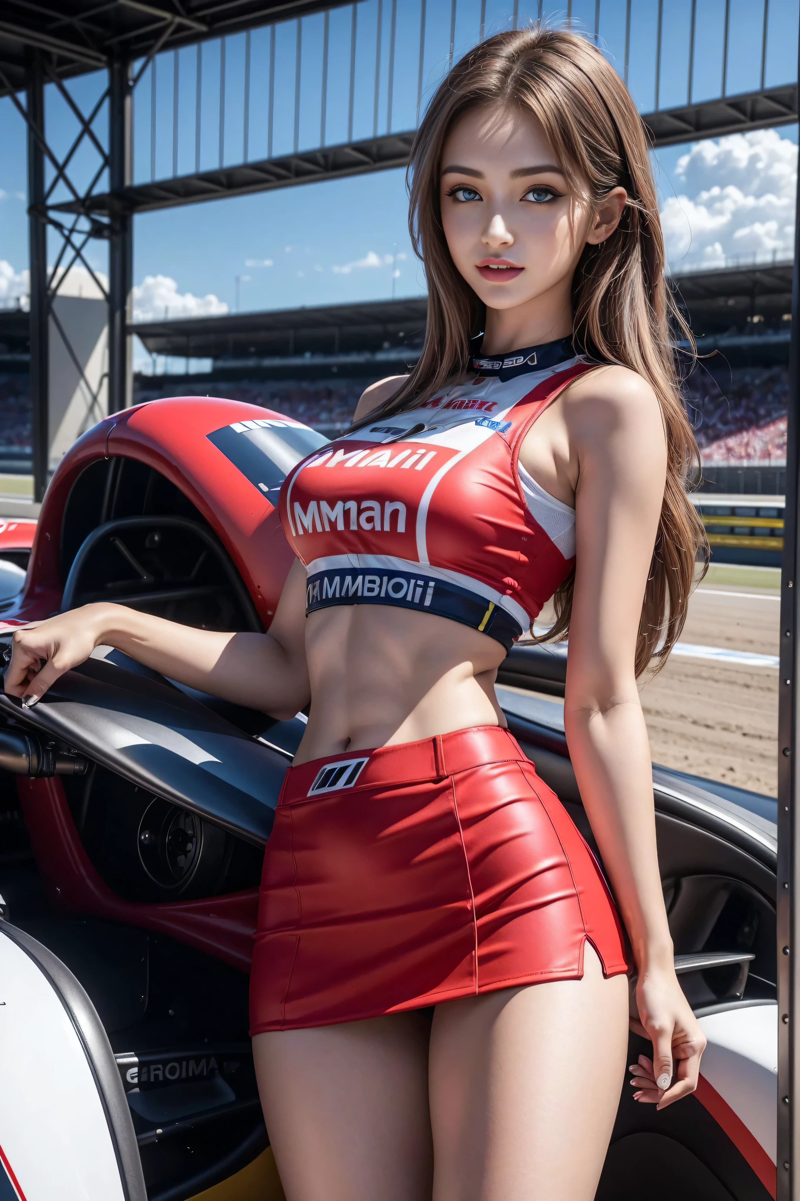 (masterpiece), ( MotoGP Racing Girls), (Eyeliner:0.5),(blush:0.5), Black Hair, A faint smile, Refers to a beautiful and delicate girl, Extremely detailed eyes and face, Beautiful and delicate eyes, , ((MOTOGP events)), (MotoGP track background), (best quality, high resolution, Reality, original, 8K,masterpiece, ),(((Dynamic poses))),(((Mid-abdomen peek))),(((Show under chest ))),(((Red Mini Skirt Lift))),(((Bare inner thighs))),(((Formula One car on display))), (Bright colors:1.2), (Beautifully),