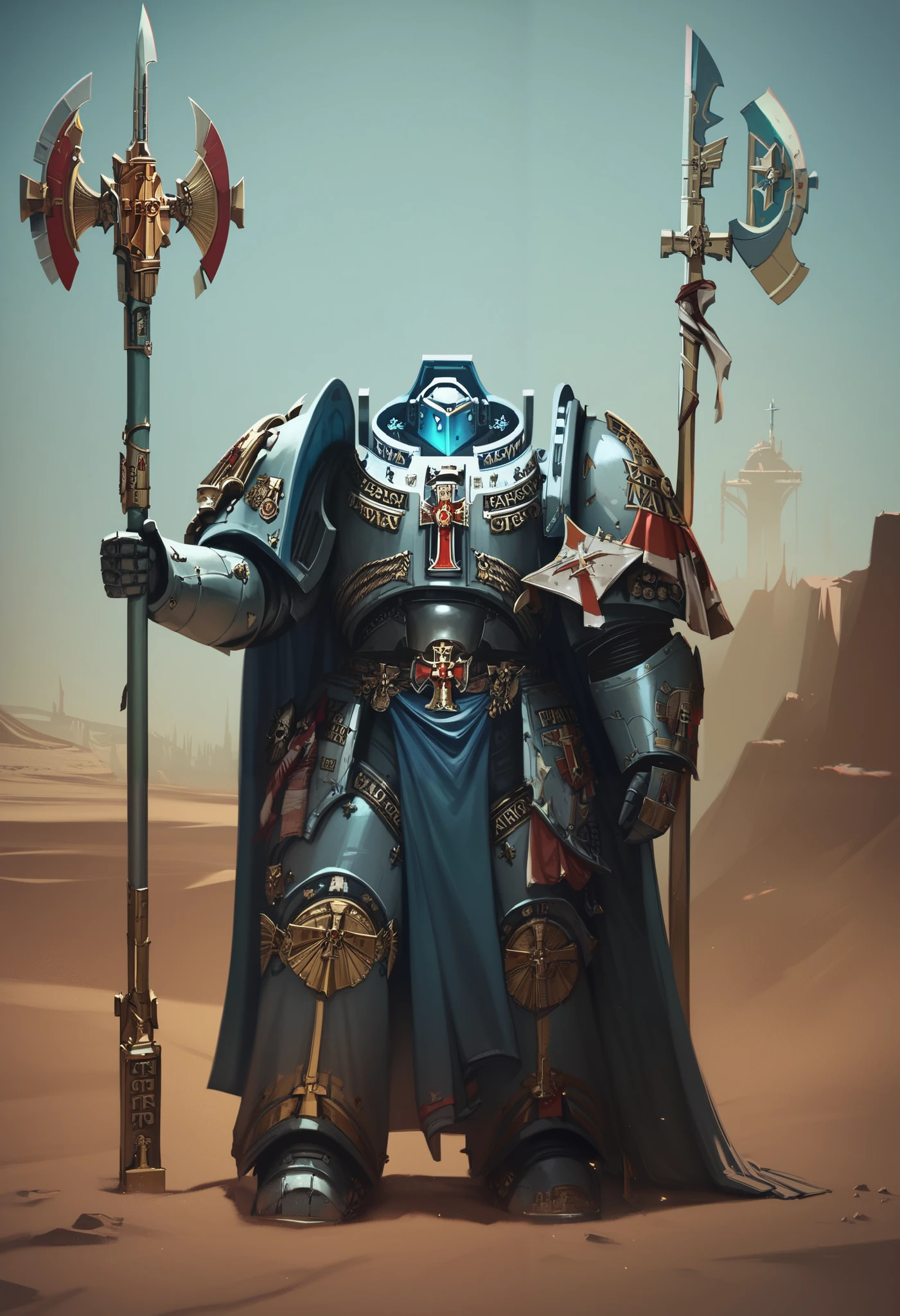 Illustration art, Absurd resolution, high resolution, (masterpiece: 1.4), hyper-detail, warhammer 40k, full body, glowing weapon, cloak, armor, trimmings, 1man, bulky, buff, plume, loin cloth, crusader helmet, reference sheet, iron halo, GreyK40k, full shot, Holding_Halberd_V1, power armor, Solo, standing in a desert, octosoup