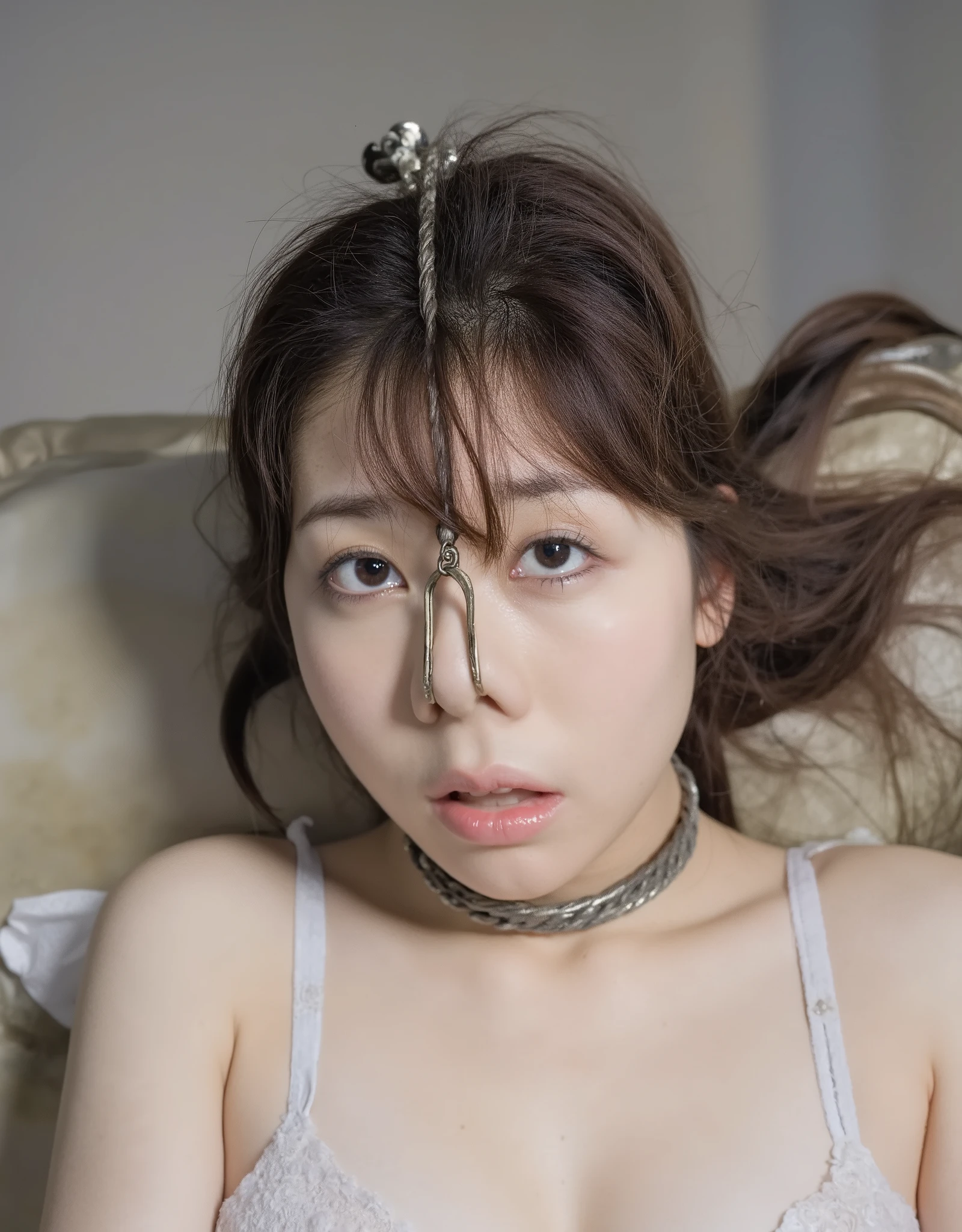 A high resolution photograph of a young Japanese woman, fashion shoot, portrait, face focus, (middle parted bangs, nose-hook with chain wrapped around head top, choker with jewelry), embarrassed, sadness, looking at the camera, (arms behind back, front view, view from below),