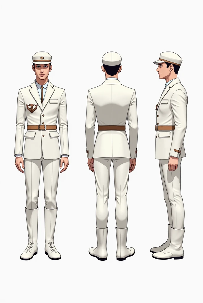 A man, 30 years old, tall, dark brown hair, short hair slicked back, combat shoes under white pants, sash tied around waist, white gloves, futuristic Philippines military attire, maroon polo that is tucked in under the white pants, multiple angles, (front, back, side), model sheet, reference sheet.