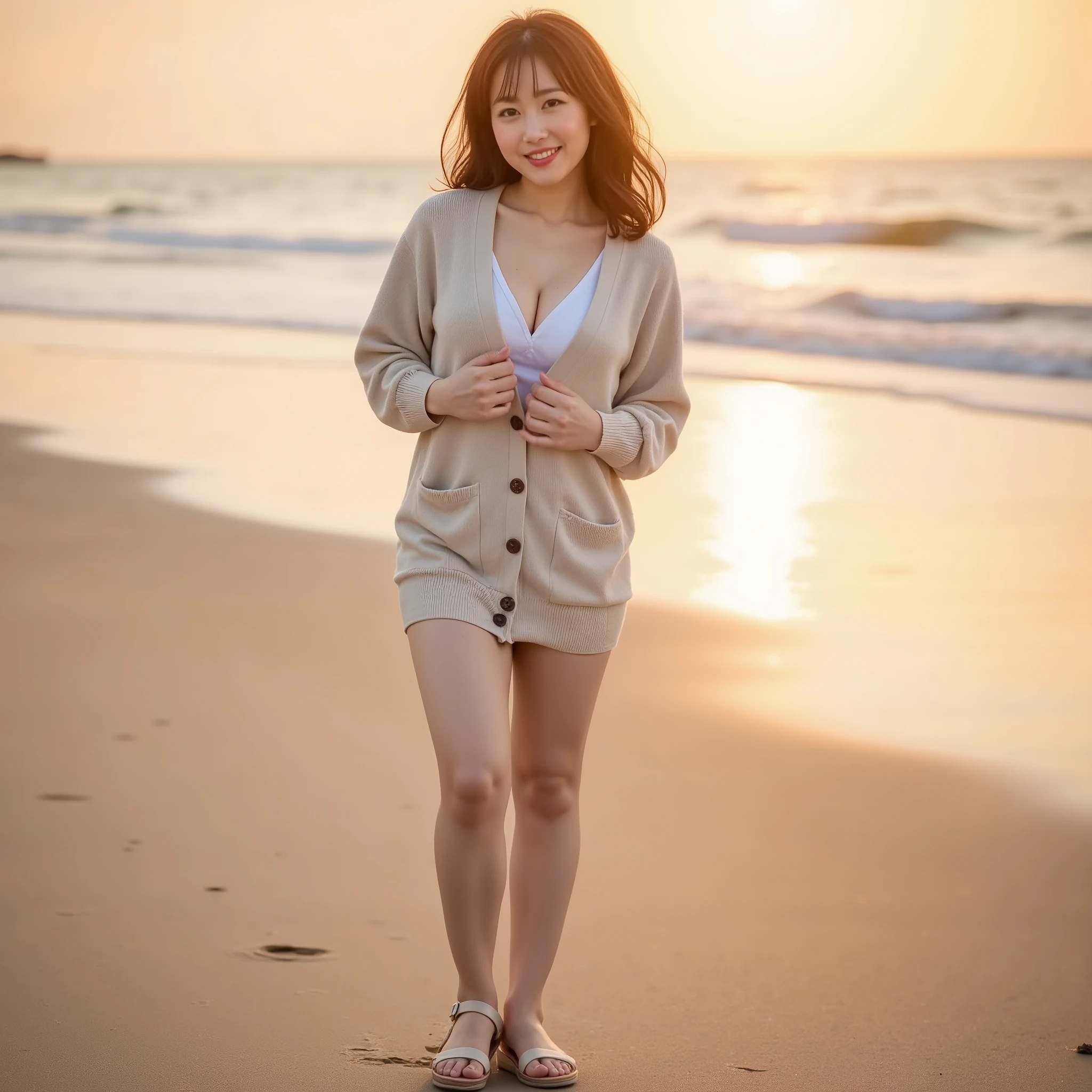 『 one Japanese girl:1.3』『 real photos:1.3』 best quality :1.2、(( big breasts))、 showing slight cleavage 、(( young woman))、(( have red cheeks ))『 smiling showing teeth :1.9』、((( anatomically correct、 Complete anatomy、 anatomically correct指)))、 realistic, best quality , super high resolution, RAW photo, (Curvy body)、 beautiful asian woman 、Brown curly hair , wearing cardigan buttons and sandals up to the knee , she stands at the sunset on the beach and smiles , hyperrealism UHD high quality photography high focus long shot 64k,