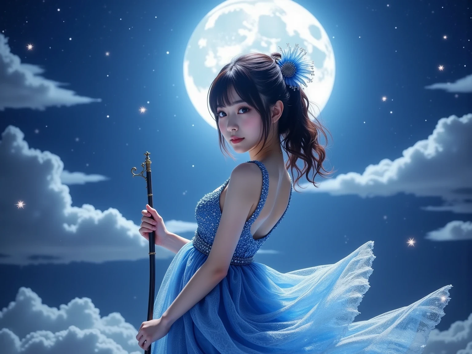 (masterpiece,best quality:1.3),(8k,raw photo,photo realistic,anatomy correct,Detailed Hands:1.3),Detailed background.(standing a side of super big moon and put up her cane to the moon:1.2),(altemis:1.2),(super detailed fairy:1.2), shining scale powder drifts around,alot of fairy,Japanese idol,(beautiful face),(Shining Eyes:1.1),Very young,Ultimate Idol,,Symmetrical eyes,Great background,Great location,(Detailed,Blue sheer clothes),Professional,,(Very cute,),full body shot,Fluffy hair,shiny skin,detailed skin,detailed face,detailed eyes,