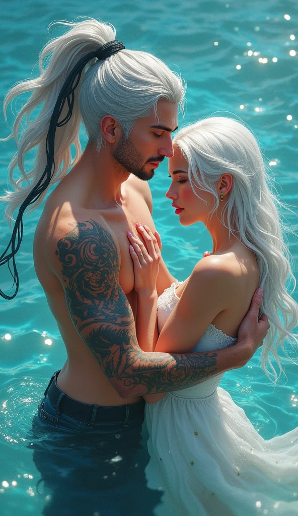 Night. The pool of a luxury hotel. there is a couple swimming in the pool: 1 woman (An incredibly beautiful young femme blonde in seductive lace panties, she has long golden hair gathered in a careless bun with a scarlet ribbon, blue eyes, beautiful neat big breasts,) she is hugged by 1 man (a tall handsome manly young man is platinum blonde, he has tanned skin, long hair Straight platinum hair, blue eyes, he's wearing swimming trunks. They're in love, they're happy, they're kissing. Masterpiece, beautiful face, beautiful facial features, perfect image, realistic photos, full-length image, 8k, detailed image, extremely detailed illustration, a real masterpiece of the highest quality, with careful drawing. the glow. the Shimmer. tattoos. Night.