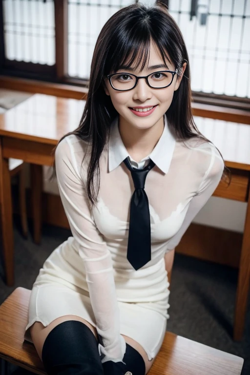 You are a professional photographer。This is a photo of the work scene.。breaK,masterpiece、8K、Highest quality, Soft Light, Ultra-high resolution, (Realistic:1.4), RAW Photos,26 years old 、1 Japanese girl, alone, cute、(pupil, Light in your eyes), Natural black eyes、Beautiful face in every detail,(High resolution detail of human skin texture)、((Semi-nude、Beautiful nipples))、(Cleavage、Big Breasts)、smile、(Camel Toe)、(Transparency)、Wear glasses、gentlemen、teacher、Wearing a blouse、Wear a see-through dress、Holding a book、In the classroom during class、(Portraiture)、Put on your boots、tie a ribbon around one's neck、butterfly々Knotting Ribbon、In front of students