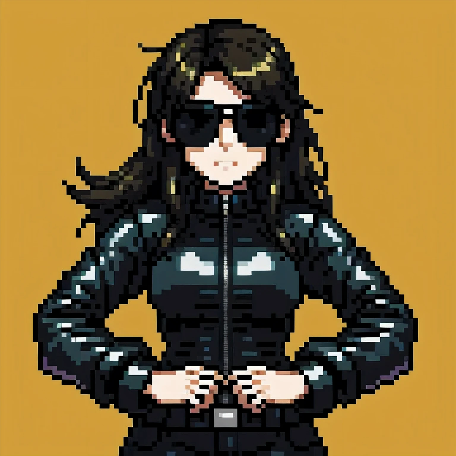 wearing gold frame reflective sunglasses {x} cyberpunk, black,  ，Focus