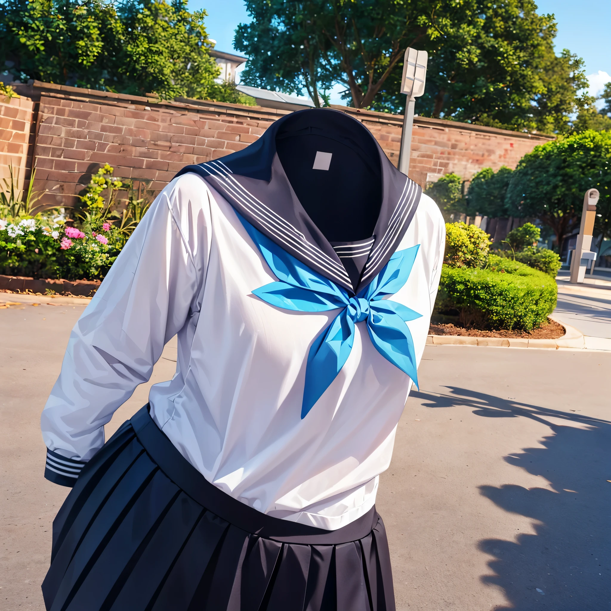 (8k, RAW photo, best quality, masterpiece:1.2), (realistic, photo-realistic:1.37), photon mapping, radiosity, ((Hasselblad photography)), physically-based rendering, detailed cloth texture, extremely detailed background, (invisible, no humans, headless, faceless:1.2), in garden, 1girl, a sailor suit made of textured fabric with fine stitching, soft lighting to enhance the texture of the fabric, shirt, long sleeves, bow, school uniform, white shirt, serafuku, sailor collar, neckerchief, blue bow, black sailor collar, blue neckerchief, Sailor Uniform