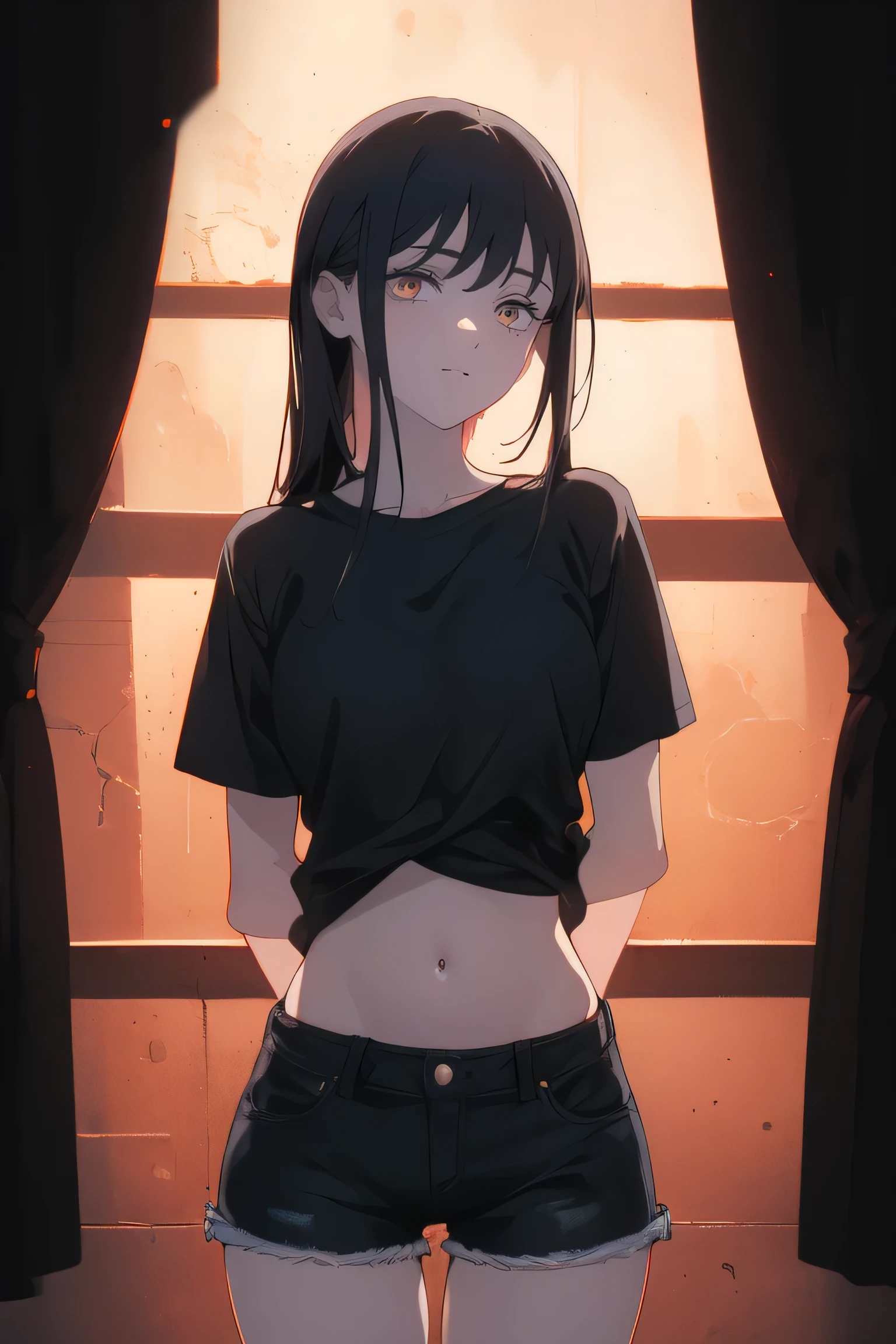 ((((Obra maestra, La mejor calidad, ultrahigh resolution)))), 1girl, happy, standing, black t-shirt, jean shorts, (black hair, dark black hair over eye:1), long hair cut, pale skin, ((brown eyes)), (glowing_eyes), (ultra detailed eyes:0.7, beautiful and detailed face, detailed eyes:0.9), ((centered)), ((over joyed expression)), ((wide shot)), facing viewer, (((indoor part, purple and black lights, black dancing silhouettes:0.9, rave:1))), medium breasts, looking at viewer, ((half closed eyes)), ((perfect hands)), (((head:1, arms, hips in view, elbows, thighs, in view))), ((hands at sides)), lively eyes, beautiful lighting, outside, outdoors, background, defined subject, 25 years old, (head tilt), (((cool))), ((lively))