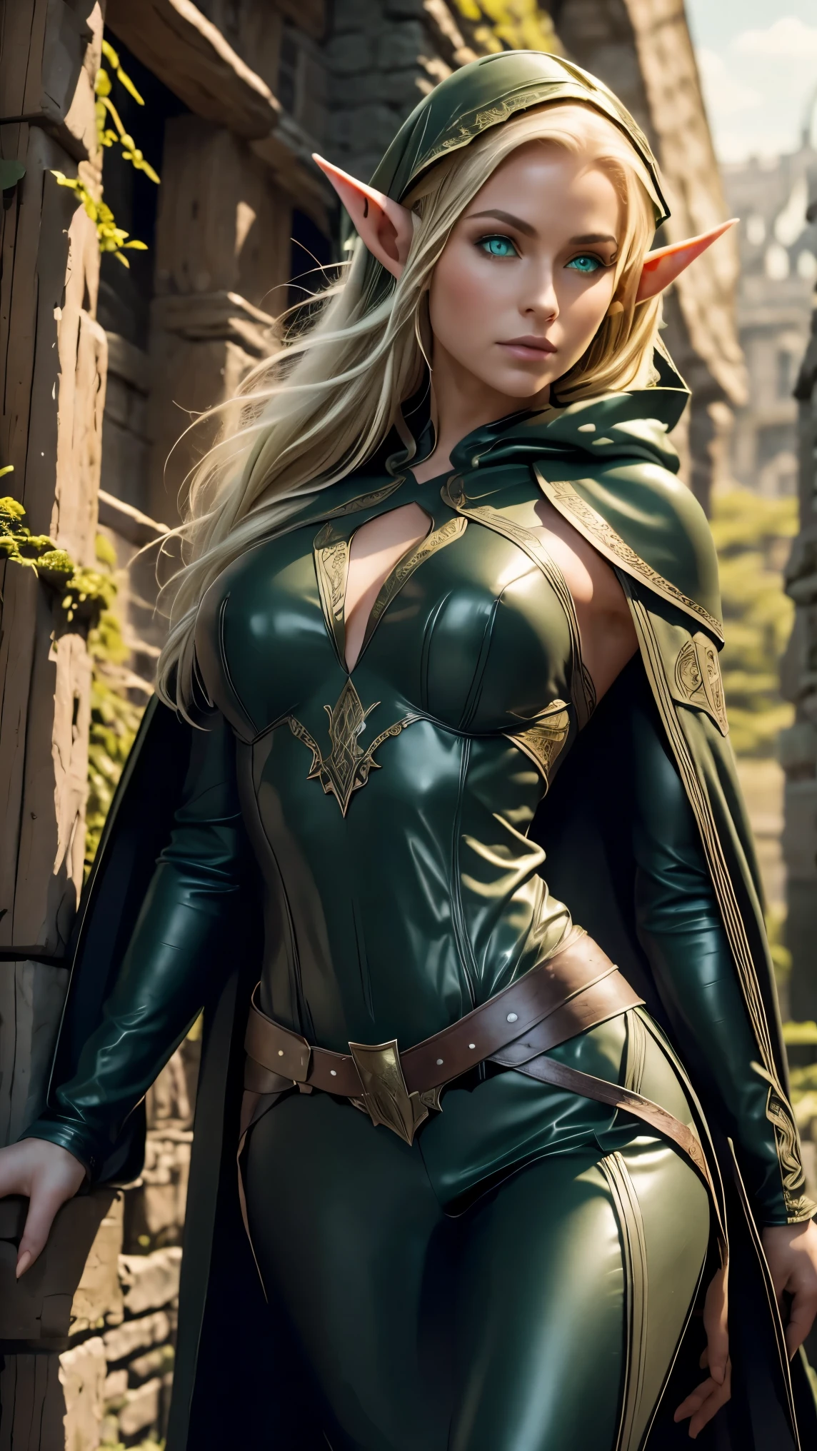 medieval setting, full view of body, (detailed elf ear, 1 woman, elven featured face, beautiful green eyes, black hair), leather armor, black leather pants, leather hooded cape,