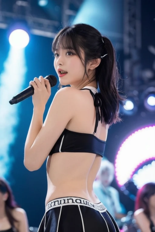masterpiece, top-quality、Raw foto, Photorealsitic、Women between the ages of 12 and 15、Idol on stage、A smile 、Lick the microphone、sideshot、white shiny underwear、Twin-tailed、long boots、Smaller chest、frombelow、unbelievable Ridiculous、depth of fields, hight resolution, ultra-detailliert, foco nítido, Cinematic lighting、Add highlights to the eyes