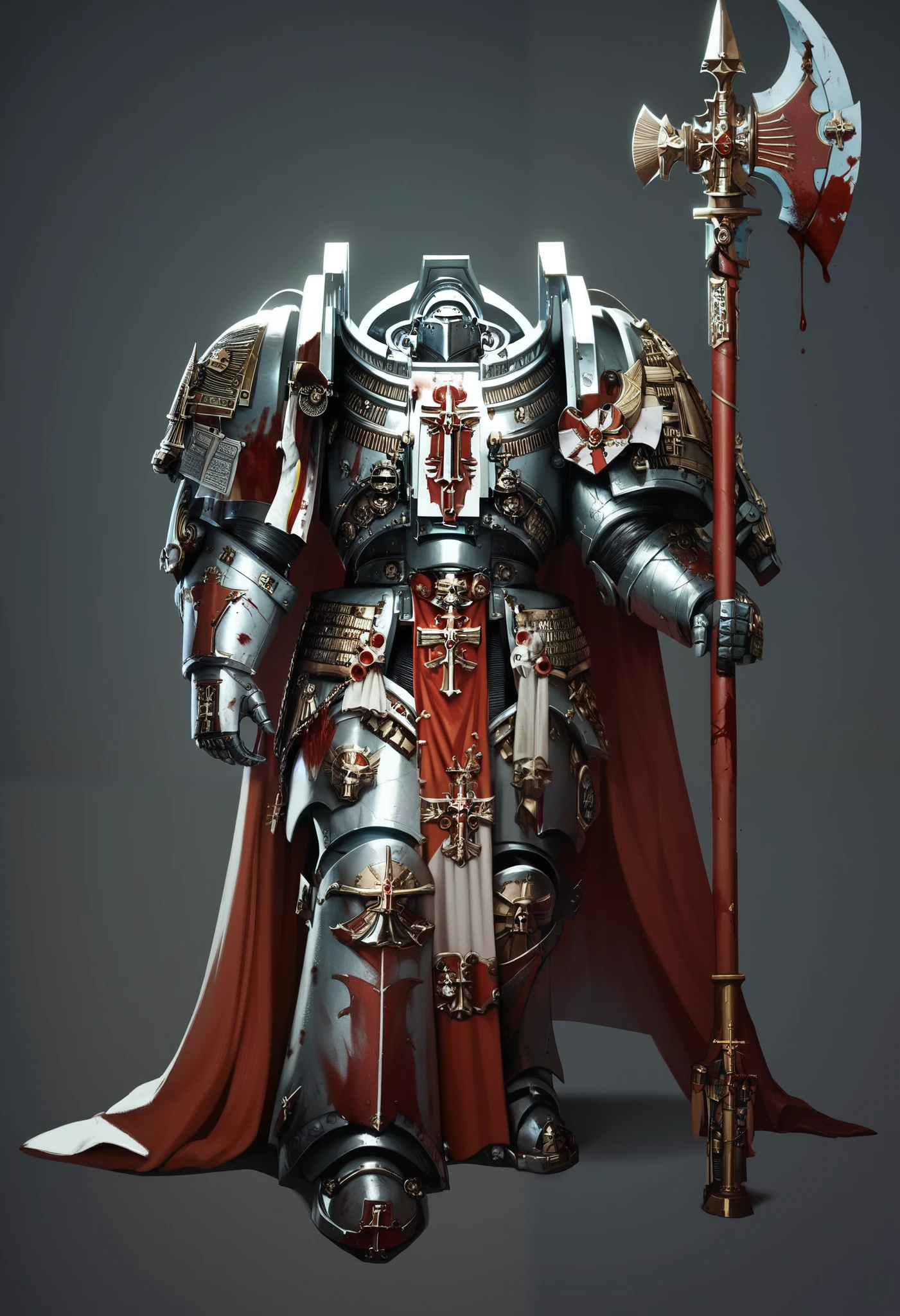 Illustration art, Absurd resolution, high resolution, (masterpiece: 1.4), hyper-detail, warhammer 40k, full body, glowing weapon, cloak, armor, trimmings, 1man, bulky, buff, plume, loin cloth, crusader helmet, reference sheet, iron halo, GreyK40k, full shot, Holding_Halberd_V1, power armor, Solo, Sitting on s, blood on armor, bloody, bloody oasis,