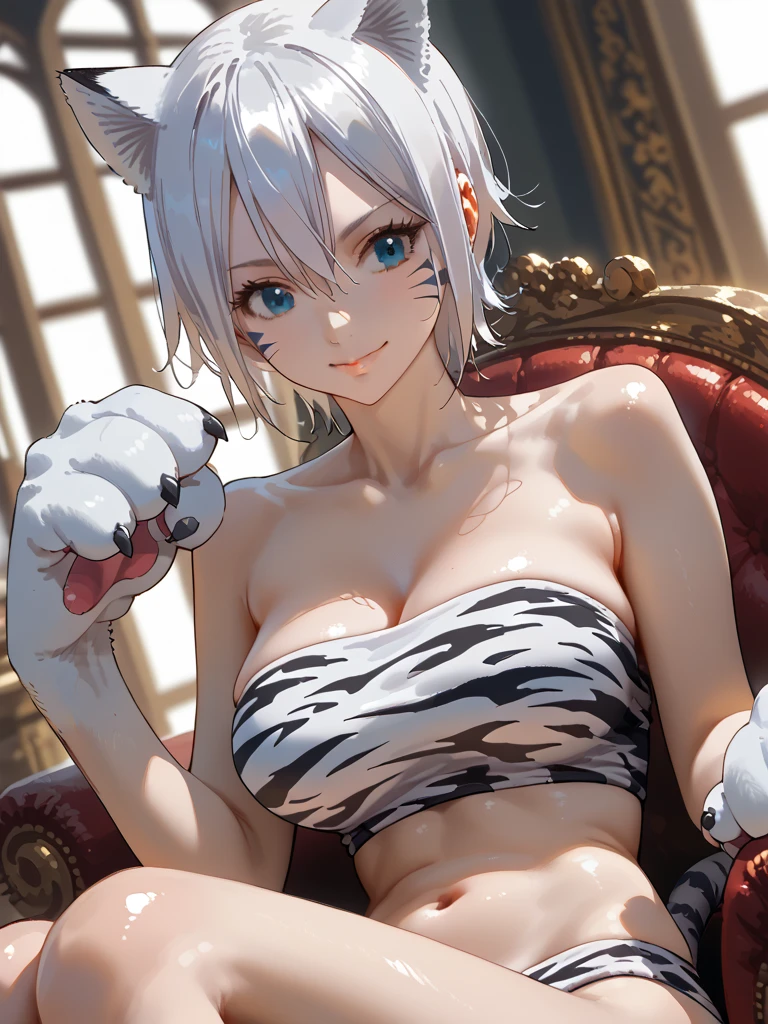 ((La mejor calidad)), ((Obra maestra)), mujer de pelo blanco, (orejas de gato), ojos azules, underwear, ((tetas grandes)), tumbada en la cama, nieve, Christmas decorations