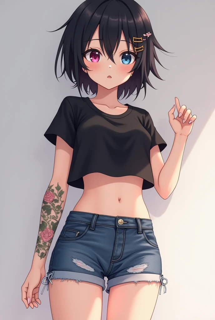 1girl, tomboy, black hair, side-swept pixie hair, cropped shirt, short sleeves, black thong, skinny, indoors, tattoos, arm tattoos, looking at viewer, hourglass figure, pale skin