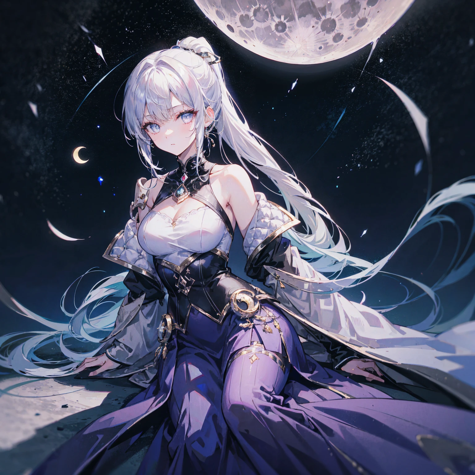 Girl with white hair with purple eyes and big breasts, wearing feminine clothing in the Genshin Impact style
