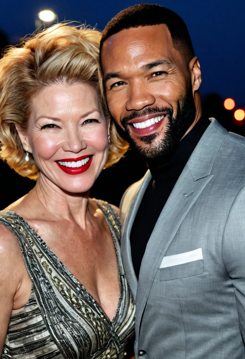 Czech pornographic actress Silvia Saint and a handsome African American male whose facial features are a combo of J. August Richards + Chiwetel Ejiofor + Isaiah Mustafa enjoy an evening stroll. Both are smiling. Both are dressed attractively for a night on the town. Silvia wears a sparkly black dress. Silvia has lovely makeup on her face. Nighttime. Romantic ambiance. Symmetrical eyes. Symmetrical faces. Lovely details. Photorealistic. Full-colored photo. Professional photo. Highly detailed 8K.