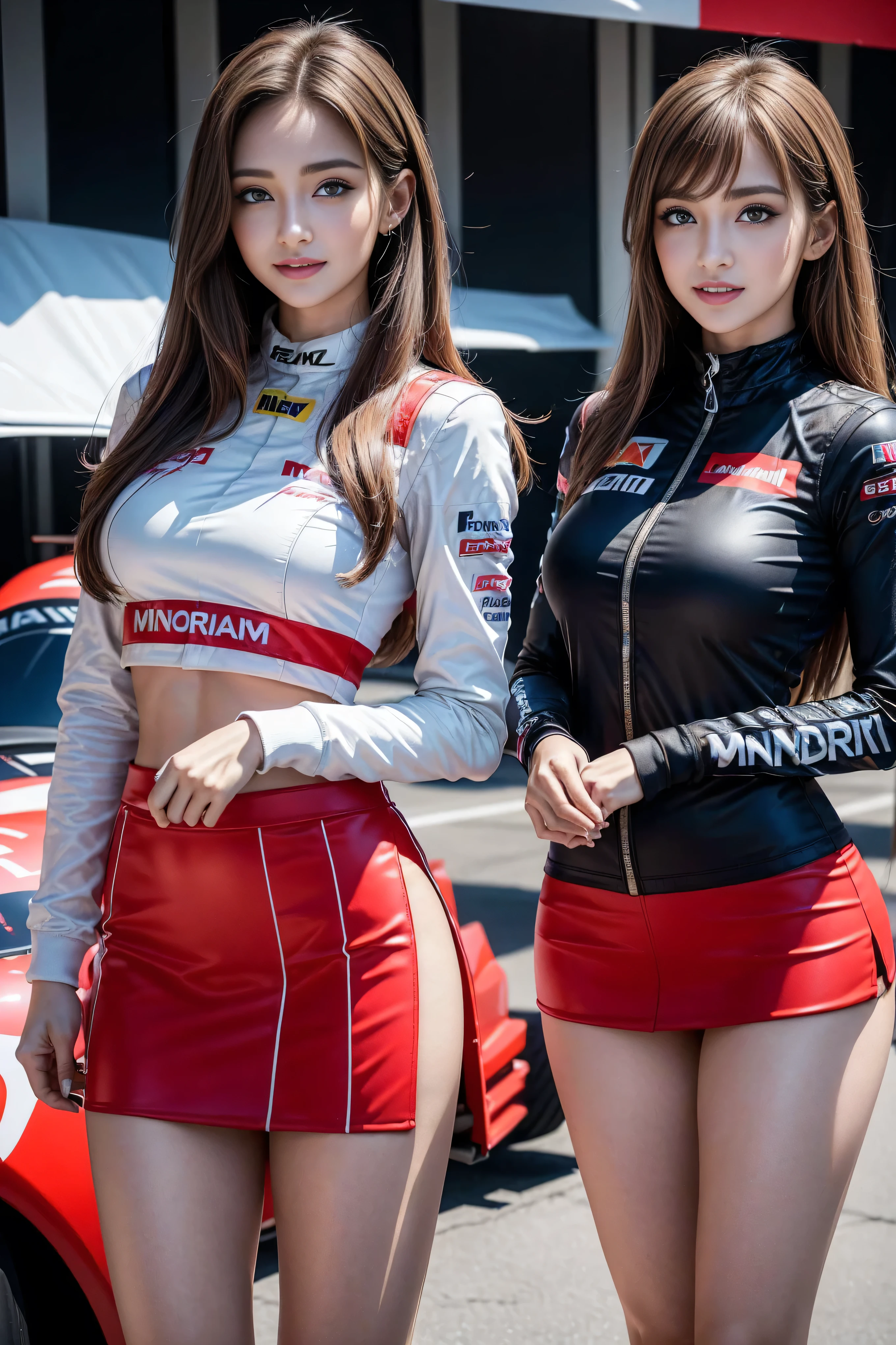 8k,RAW photos, best quality at best,( masterpiece), ( MotoGP Racing Girls), (Eyeliner:0.5),( blush:0.5), Brown straight hair, light smile , Refers to a beautiful and delicate girl, Extremely detailed face , beautiful and detailed blue eyes,Double eyelid long lashes , sexy and plump lips , ((MotoGP)), (MotoGP track background), ( best quality, high resolution , realism, original, 8K, masterpiece, ),((( dynamic posture))),(((Mid-abdomen peek))),(((Show under chest ))),(((Red Mini Skirt Lift))),(((Bare inner thighs))),(Long Legs:1.5),(Thigh gap:1.5),(Vest line,Muscular hands:1.2),(((Formula One car on display))), ( are brightly colored:1.2), (Beautiful)。