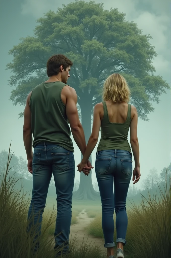 create an image for a book cover inspired by the phrase between bonds and farewells couple leaning one hand on the other back to back blond man Give the man more muscles