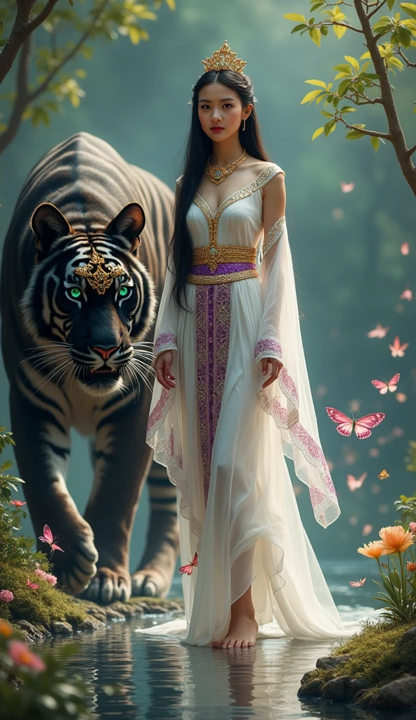 Full lenght, full body picture of a beautiful, sweet, gentle young woman, 20 years old, white skin with aura, wearing a Thai dress of white and light purple, pink sparkles, wearing a pink sarong with gold trim, a white shawl with small pink flowers, long, flowing black hair, wearing a small crown, a very large, magnificent black jaguar, emerald green eyes, walking beside, with a glowing light coming from both bodies, a small field of grass and small flowers growing along the path, a glowing, sparkling light, 3D picture, oil painting, sharp picture, art picture of Professor Chalermchai.