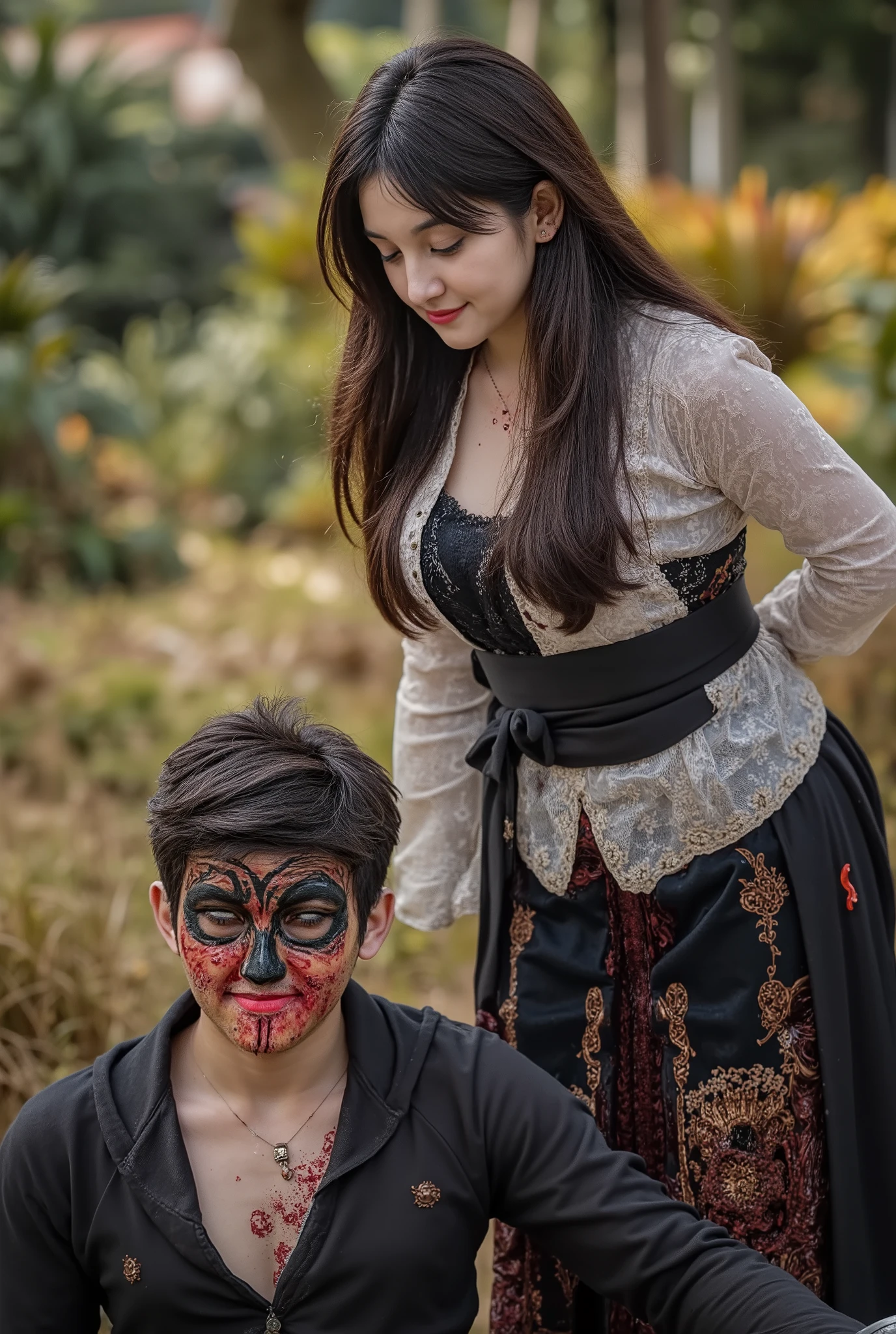 Woman kill male, Woman cut throat male, Woman knife, Woman kebaya bali Indonesia, blood flowed freely down Male neck, black hair, male neck spurted out a lot of blood, male spiderman mask, a male, male hoodie, handsome male, Woman Slaughter male, male dead, male eyes close