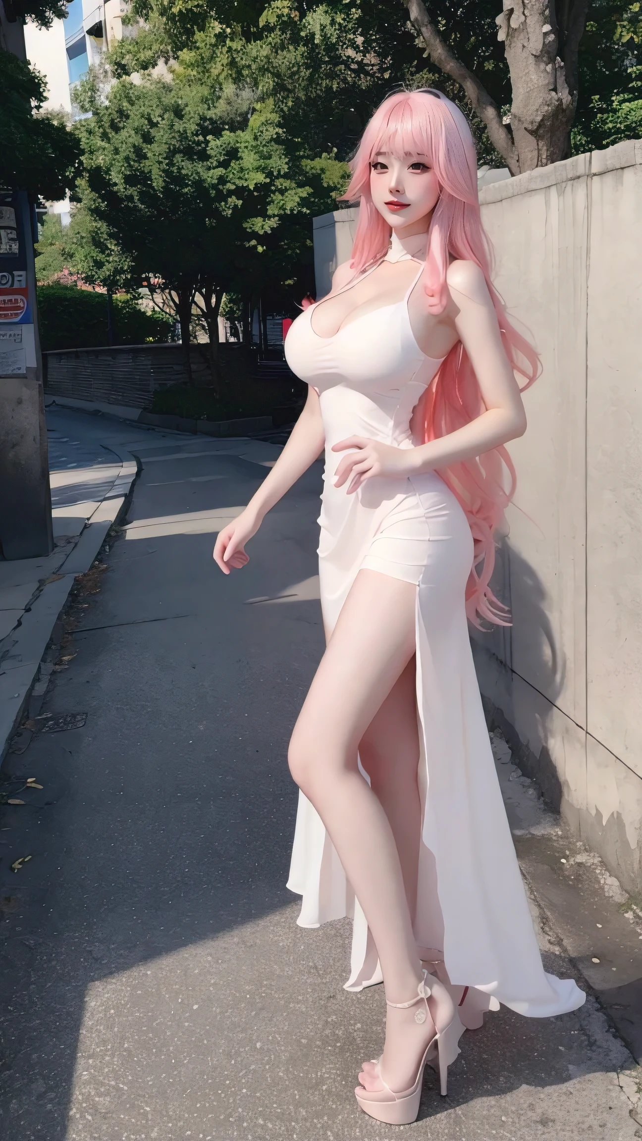 masterpiece,best quality,ultra-detailed,High detail,realistic,ornate,pink hair,blue eyes,looking at viewer,slim butt,full body portrait,smile,skinny,perfect skin,Earrings,blunt bangs,detailed clothes,cleavage,hair ornament,((black dress)),straight hair,detailed face,((petite body)),white lace neck ring,metal steel building:1.4,((wide angle)),detailed face