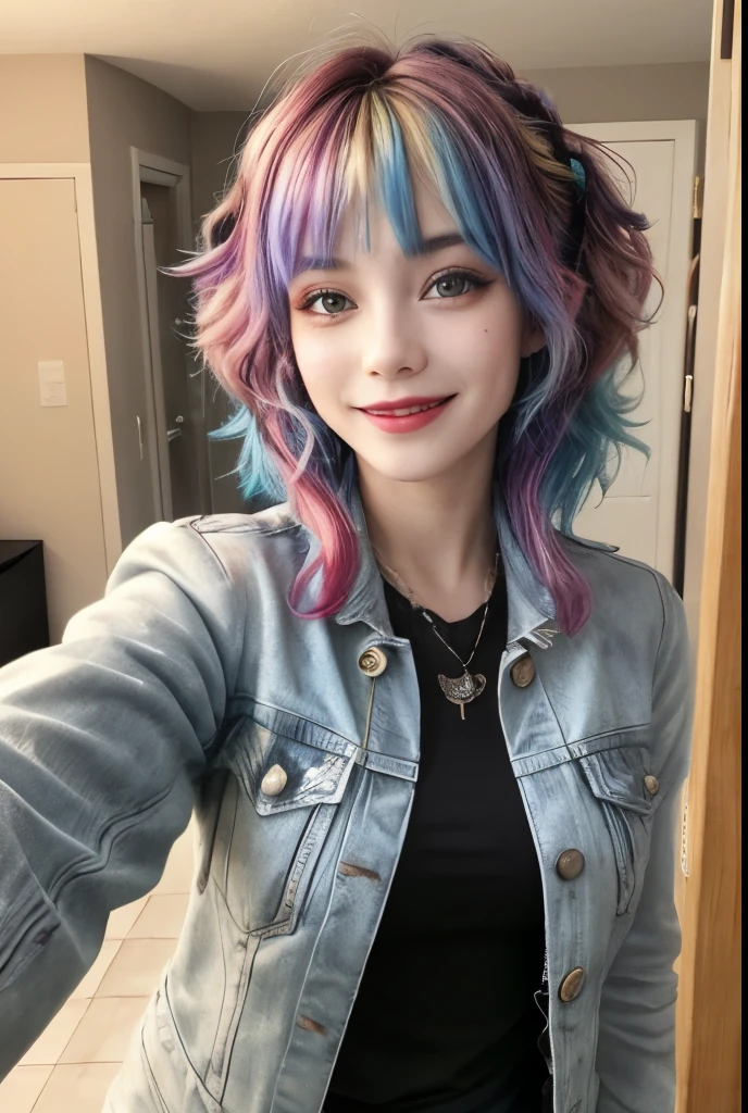 ung girl, bedroom, messy hair, rainbow hair, alternative, glam rock hairstyle and clothes, glam rock makeup, shy smile, lipstick, indoors, teeth, big breasts, jacket, selfie, cute,