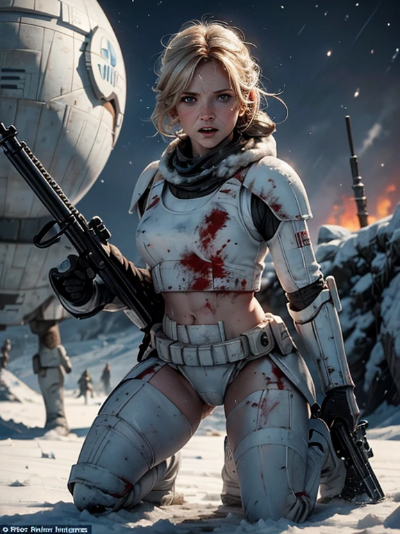 Helen Skelton, Star Wars, close-up action shot from ground level, naked Clone Trooper on Geonosis, naked, swearing, sweating, damp hair, bloodied, on a bloody battlefield, snow, explosion, fires