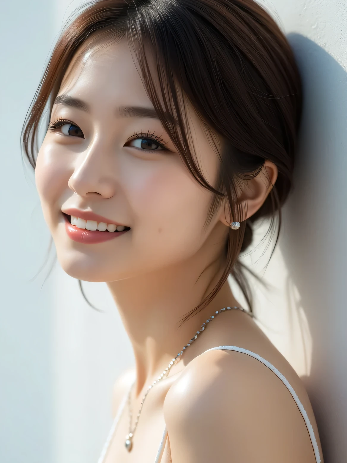 ((8k、 RAW photos 、 best quality ,Masterpiece:1.2))、 high resolution RAW color photo
professional photography、( realistic、photo realistic:1.37),
cinematic lights , 1 girl, Laughter, White wall studio, Mr.々A pose, break (shadow:1.3),
simple necklace , dark brown hair 色, short hair
20 year old ,(( showing a slight chest , Gentle Smile )),
realistic skin texture, white skin, Shiny Skin,
very detailed face, slim face contrast, Beautiful little face, Beautiful Nose,
super detailed eyes, slit eye , brown eyes, double eyelids, Ultra-thin eyebrows, thin, long lashes,
Ultra-detailed lips, Plump and moist lips, shiny pink lips , Red face, ((White and beautiful teeth)),
beautiful actress ;Fatigue Make-up, pink lipstick in it , Smoky Eyeshadow ,
dark brown hair , Delicate and soft hair,
(( cheeks turn red:1.2)),
(( upper body)),
((Hair Model、Cutaway model)),
( Side-Facing )),
((Earrings, Silver Necklaces )),
((Casual clothes suitable for fall))