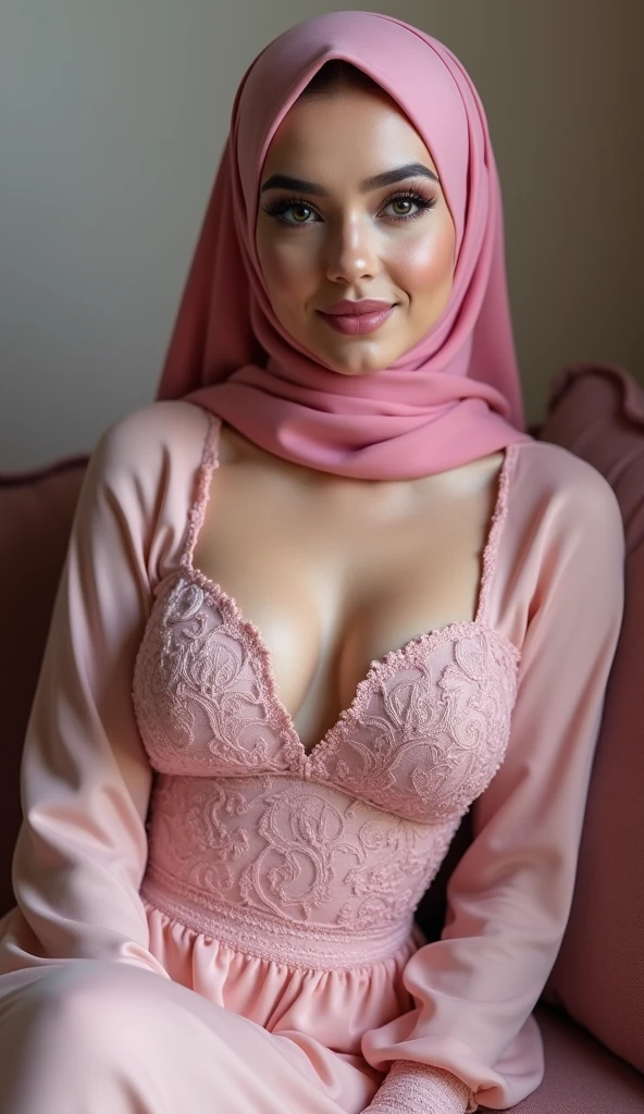 gravure, from the chest up, (Pink), masutepiece, Best Quality, Ultra-detailed, Photorealistic, super detailed skin, Perfect Anatomy, (1 Korean), (Solo), 84 years old, Large breasts, Malaysian Hijab actress, glamor, A sexy, Chromo-white skin, Looking at Viewer